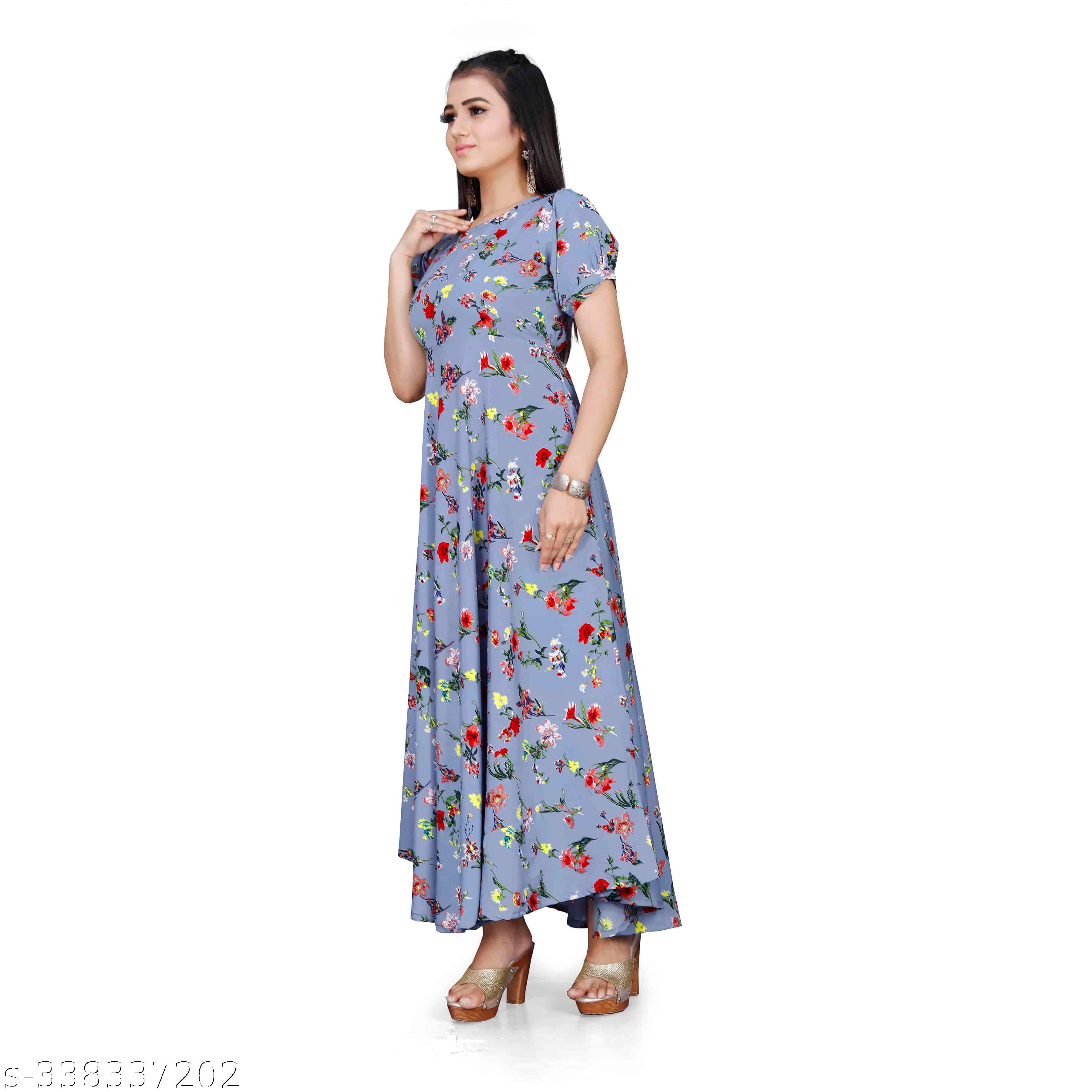 Women's Grey & Red Puffed Sleeve Maxi Dress - Unixkart - View 4