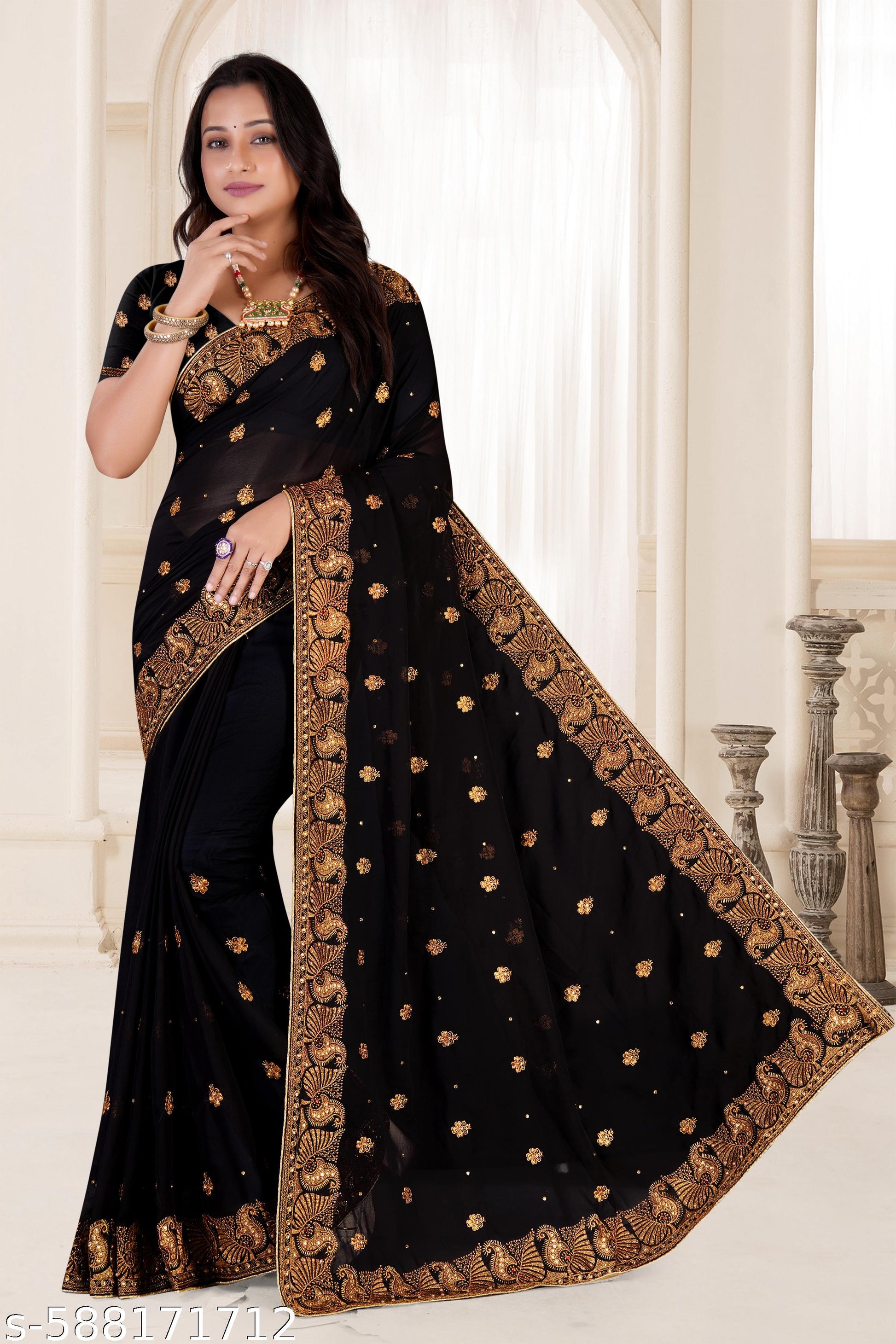 heavy Embroidery Work With Stone Work Saree - Unixkart - View 4
