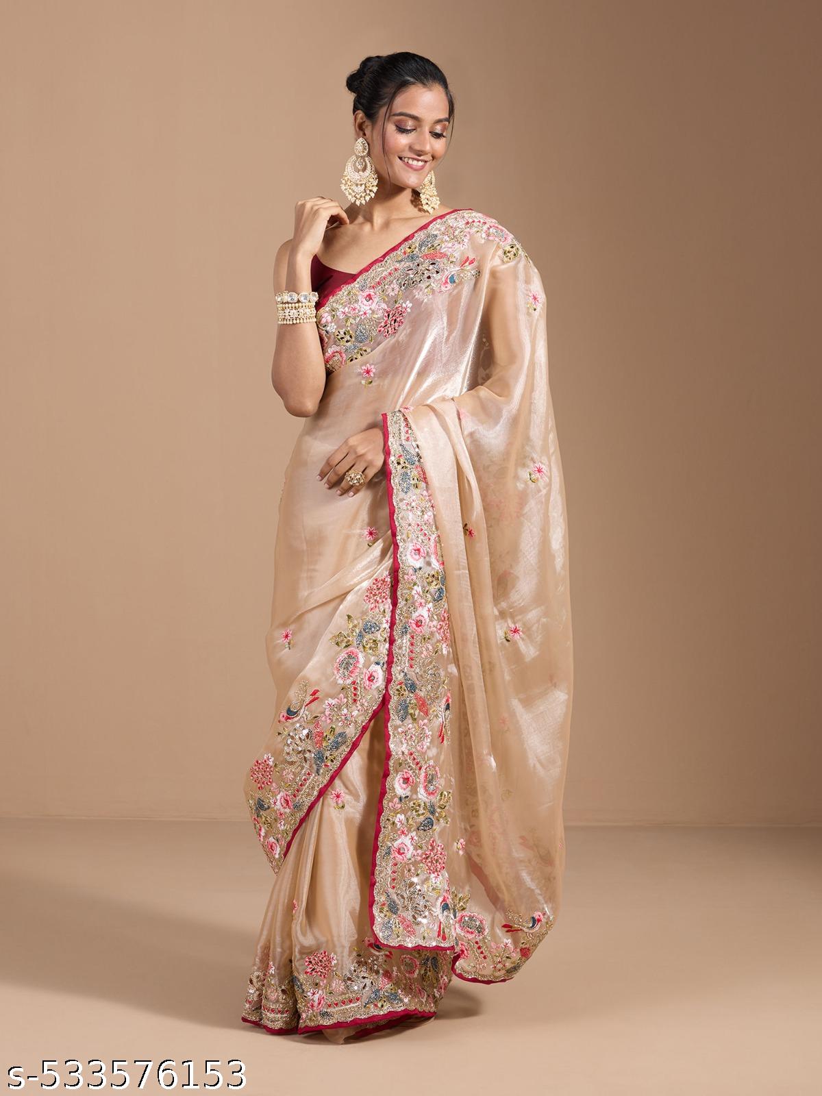 Women's Jimmi Choo Multi Embroidery Work Saree With Unstitched Blouse Piece - Unixkart