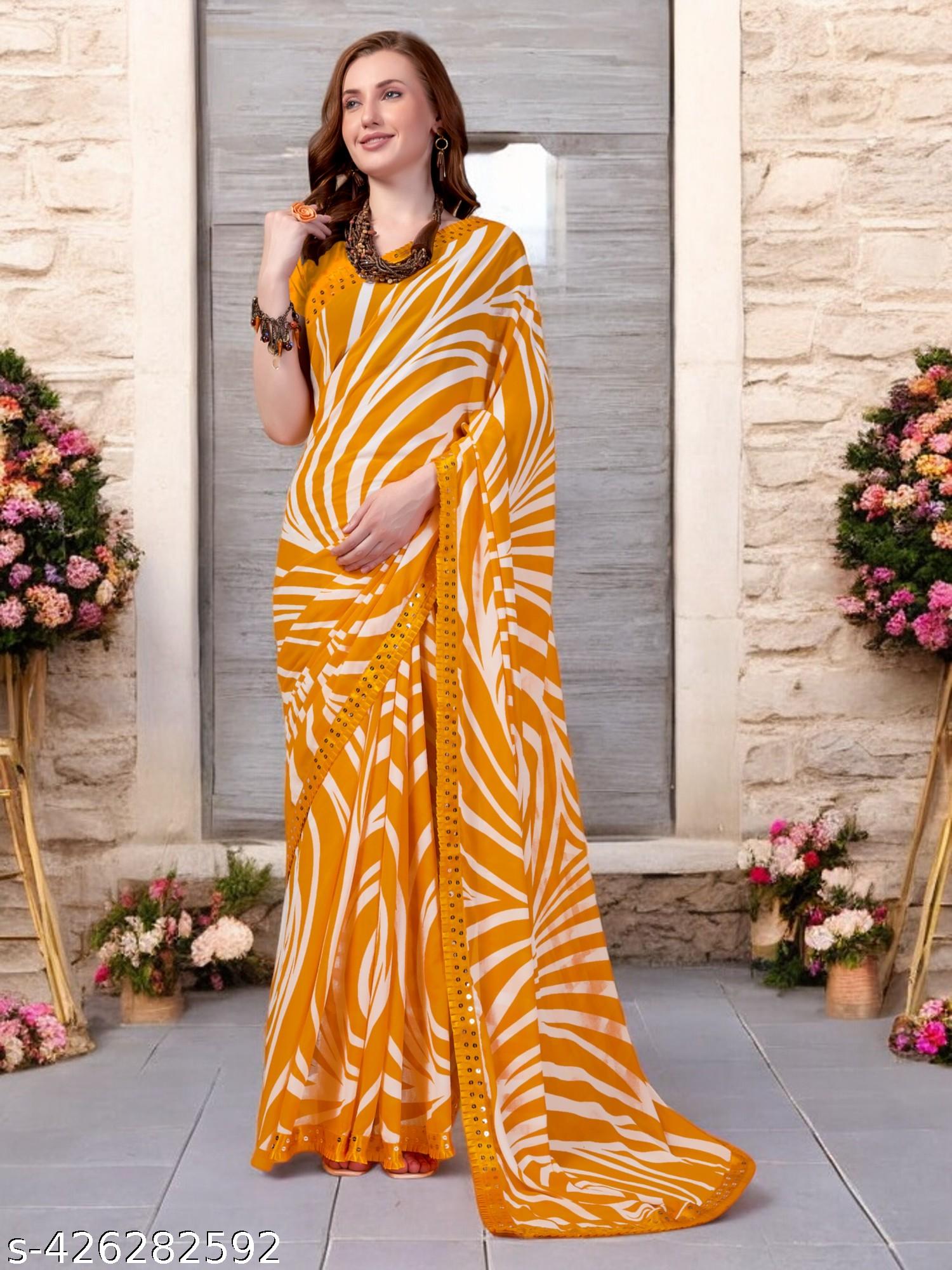 Women's Bollywood Leheriya Printed Yellow Georgettete Saree - Unixkart - View 4