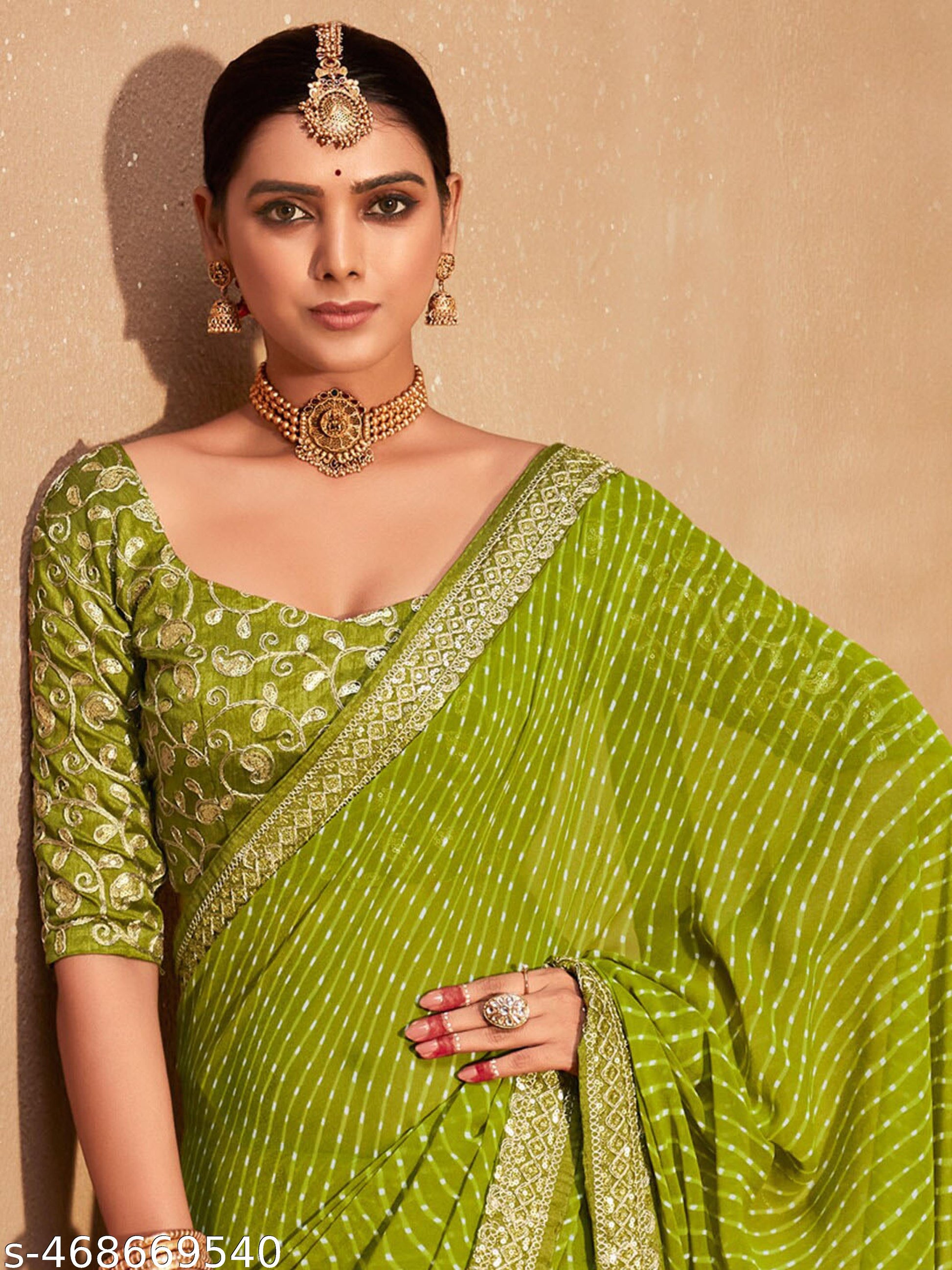 Women's Leheriya, Bandhani Printed Embroidered Green Pure Georgettete Saree With Heavy Work Blouse - Unixkart