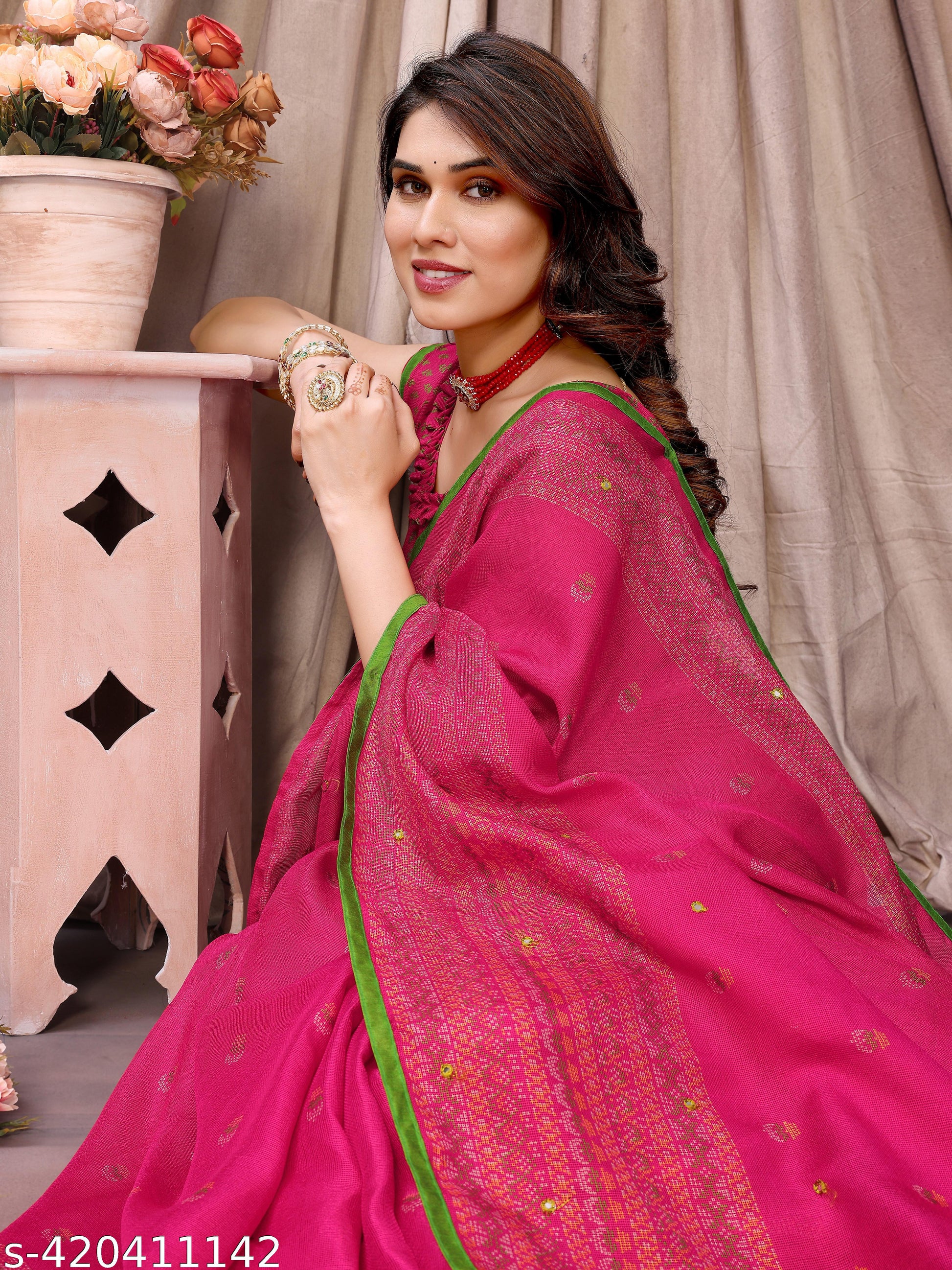 Women's Bollywood Wedding,Traditions saree Pink Jute with Unstitched Blouse Piece - Unixkart