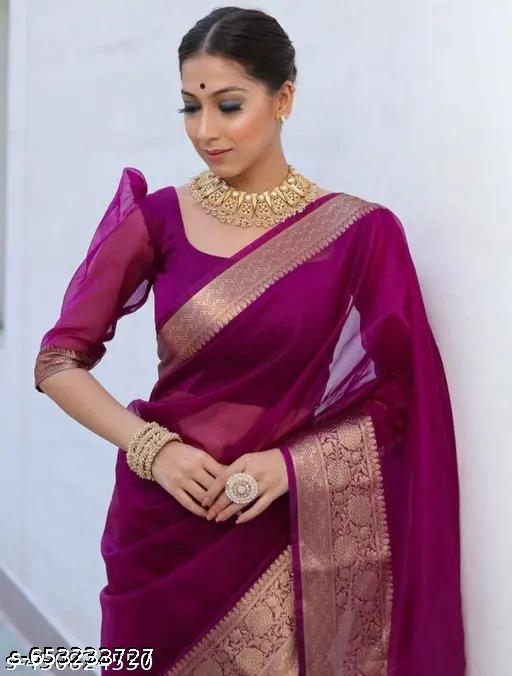 Elegant Wine Organza Silk Saree with Zari Border - Unixkart - View 4