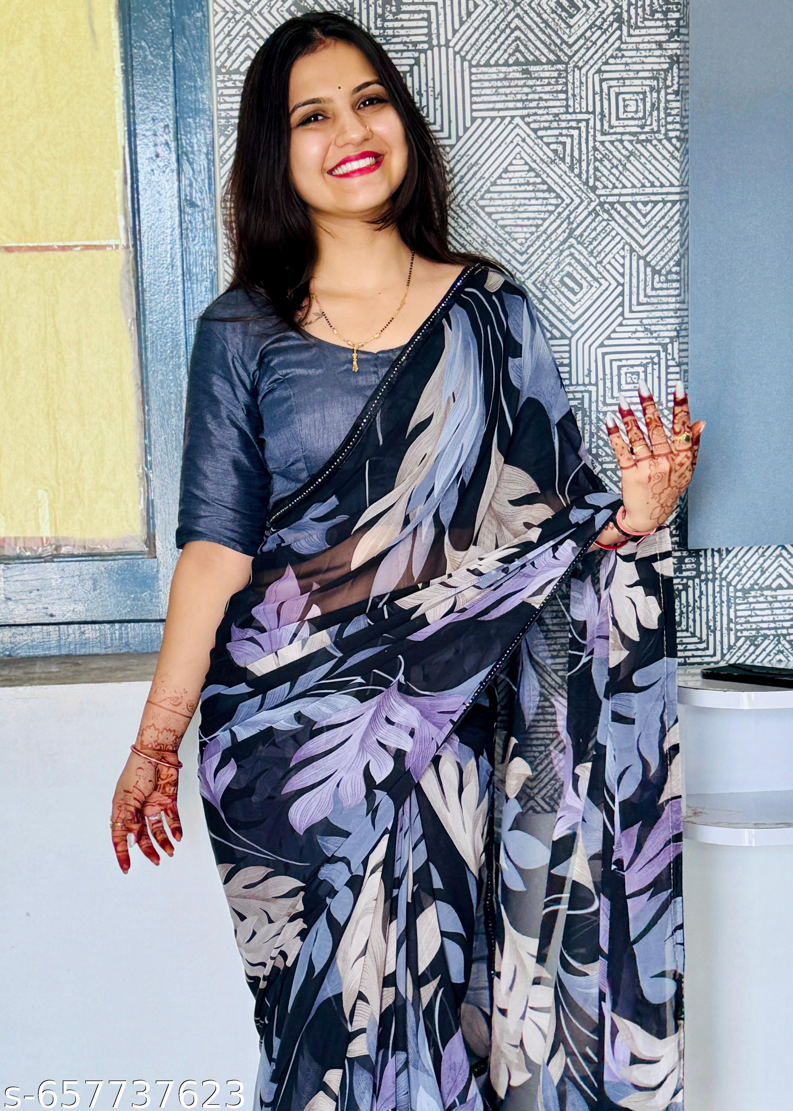 Black Weightless Printed Georgette Party Saree - Unixkart - View 4