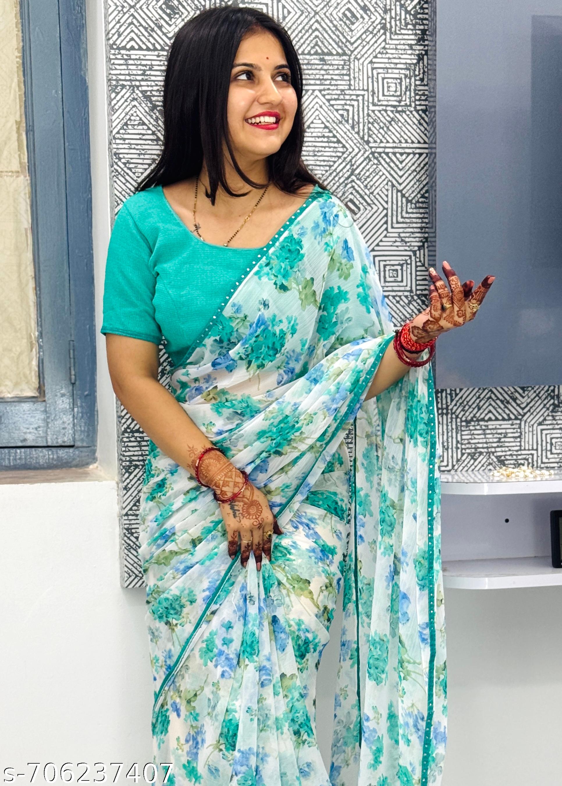 Georgette Printed Saree with Lace Border - Unixkart - View 4