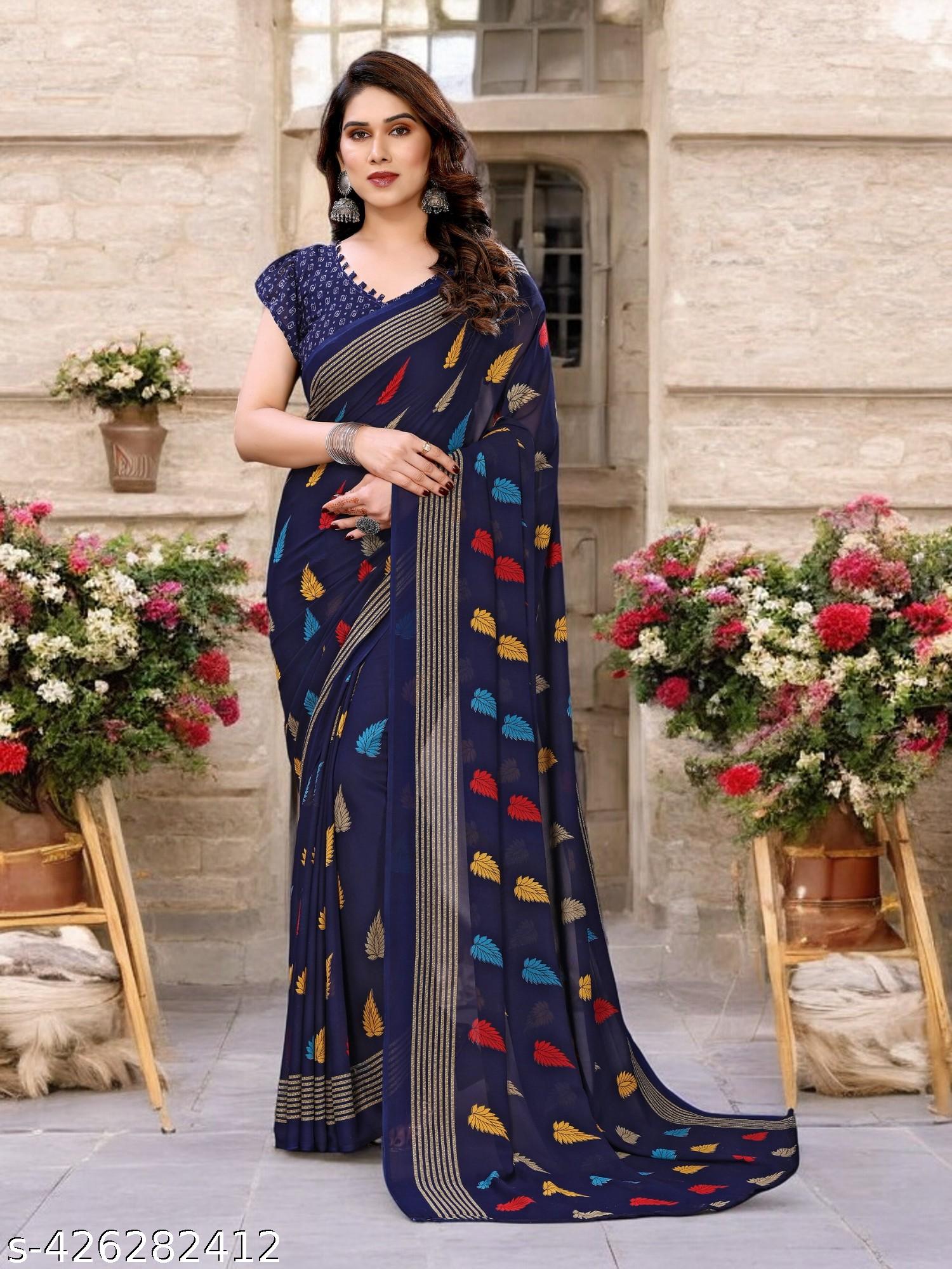 Women's Bollywood Floral Printed Blue Georgettete Saree - Unixkart