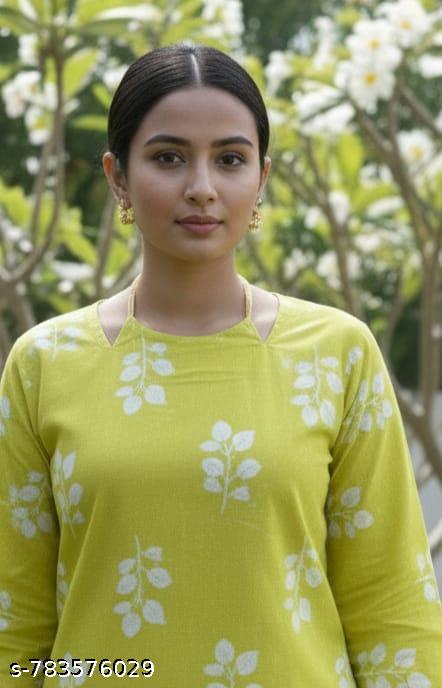 Women Leaf Print Cotton Blend Straight Kurti with Criss-Cross Back Detail - Image 4