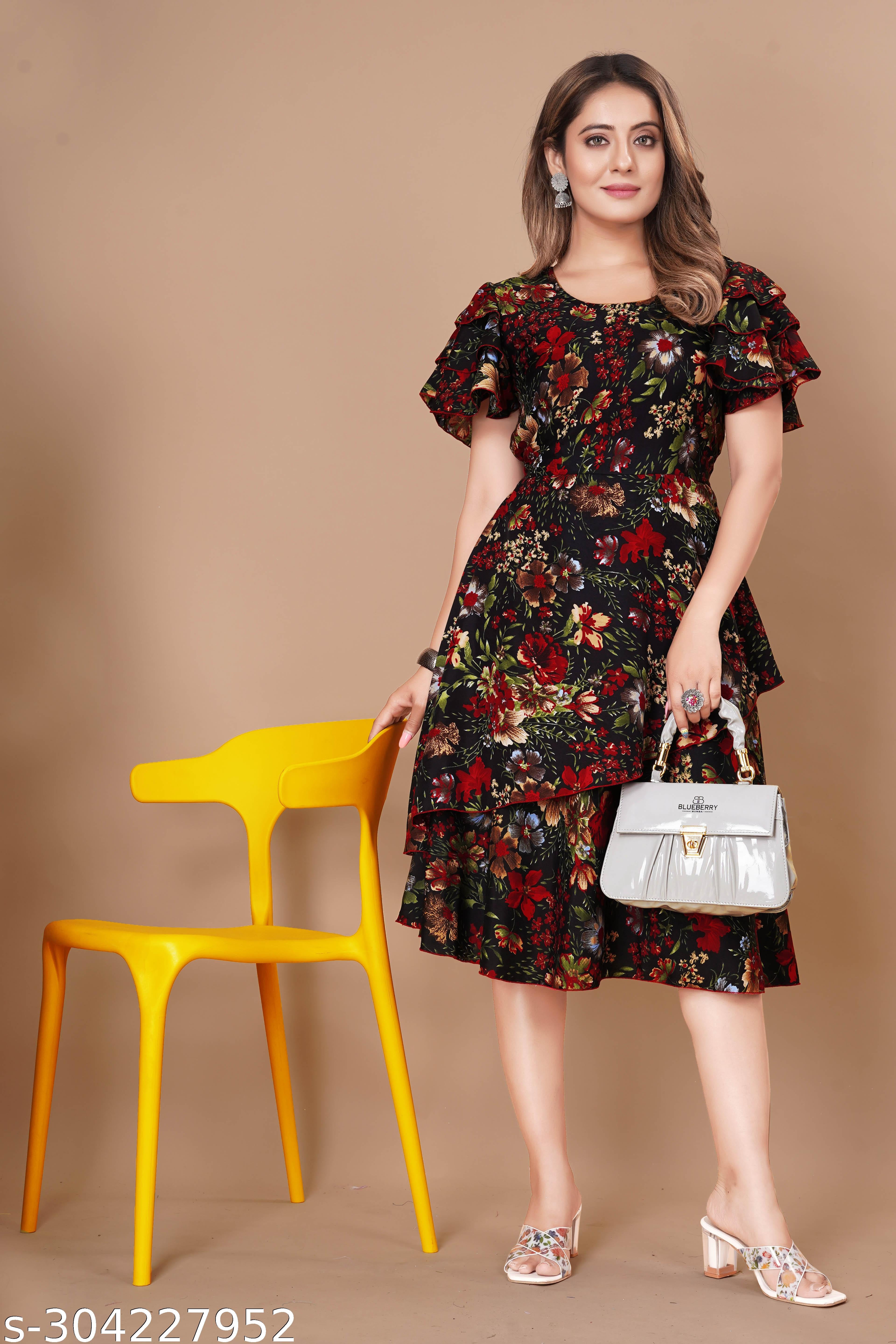 Women's Black & Red Tropical Print Layered Dress - Unixkart - View 4
