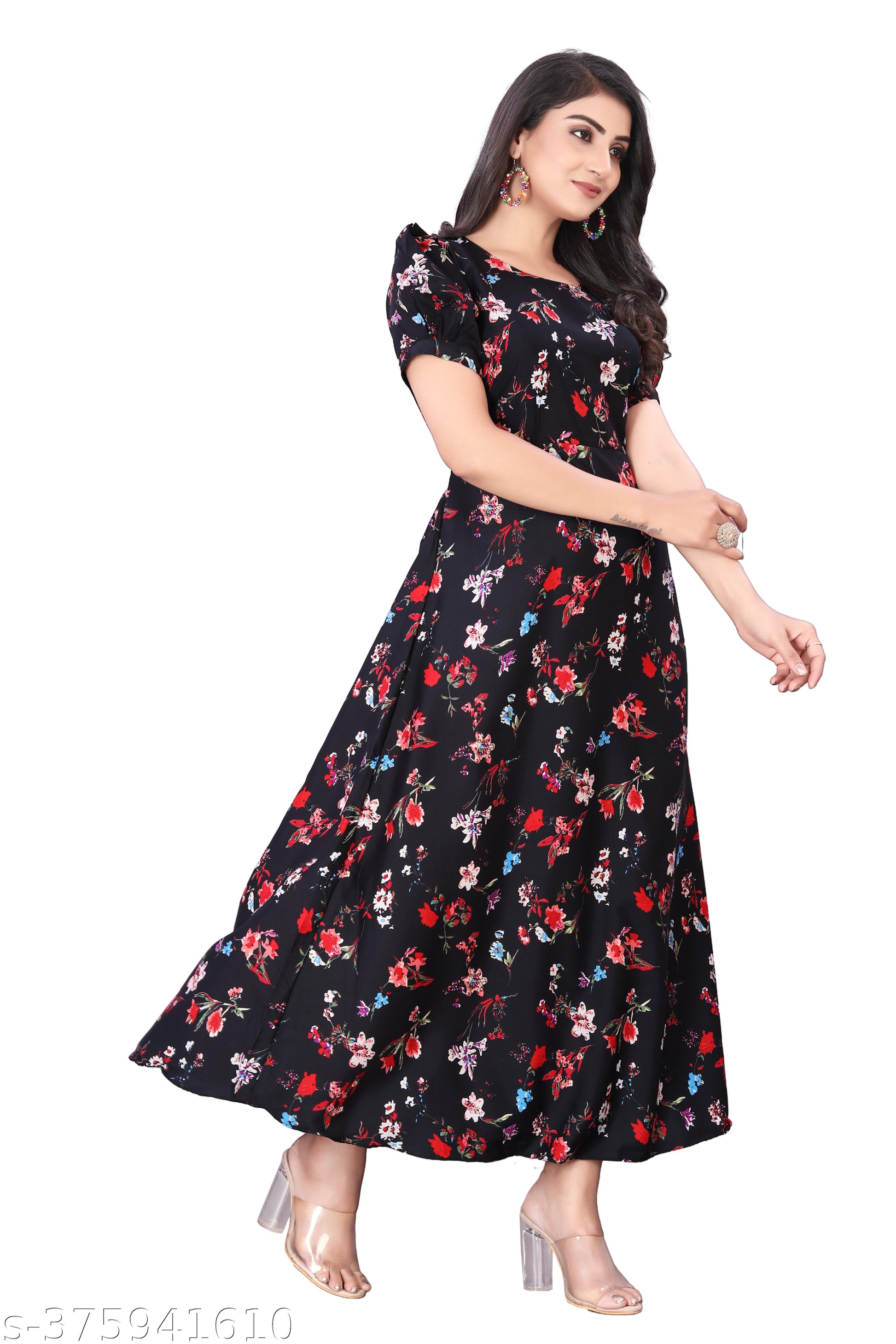Women's Black & Red Puffed Sleeve Maxi Dress - Unixkart - View 4