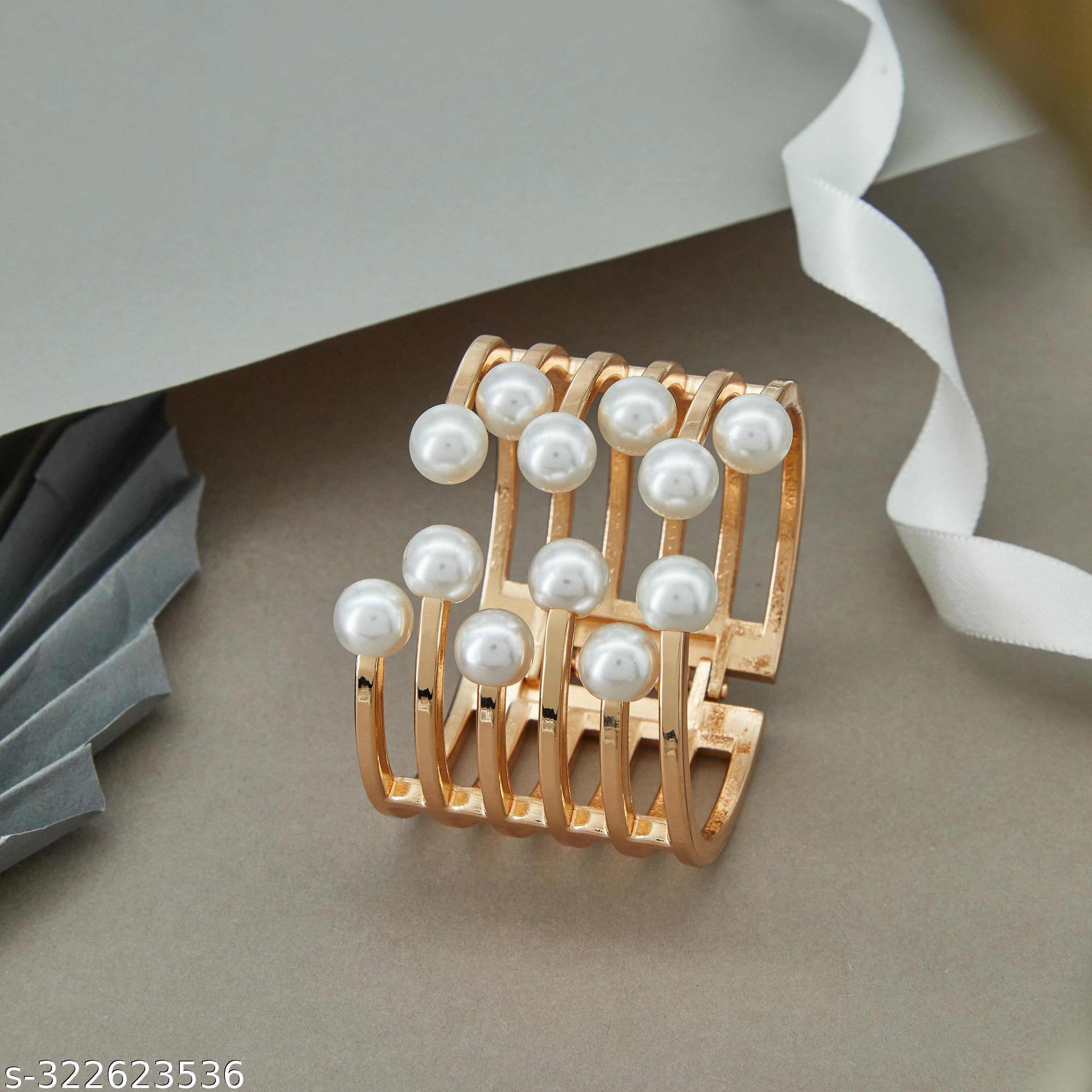 Elegant Gold-Plated Multi-Layer Pearl Cuff Bracelet for Women and Girls - Unixkart - View 4