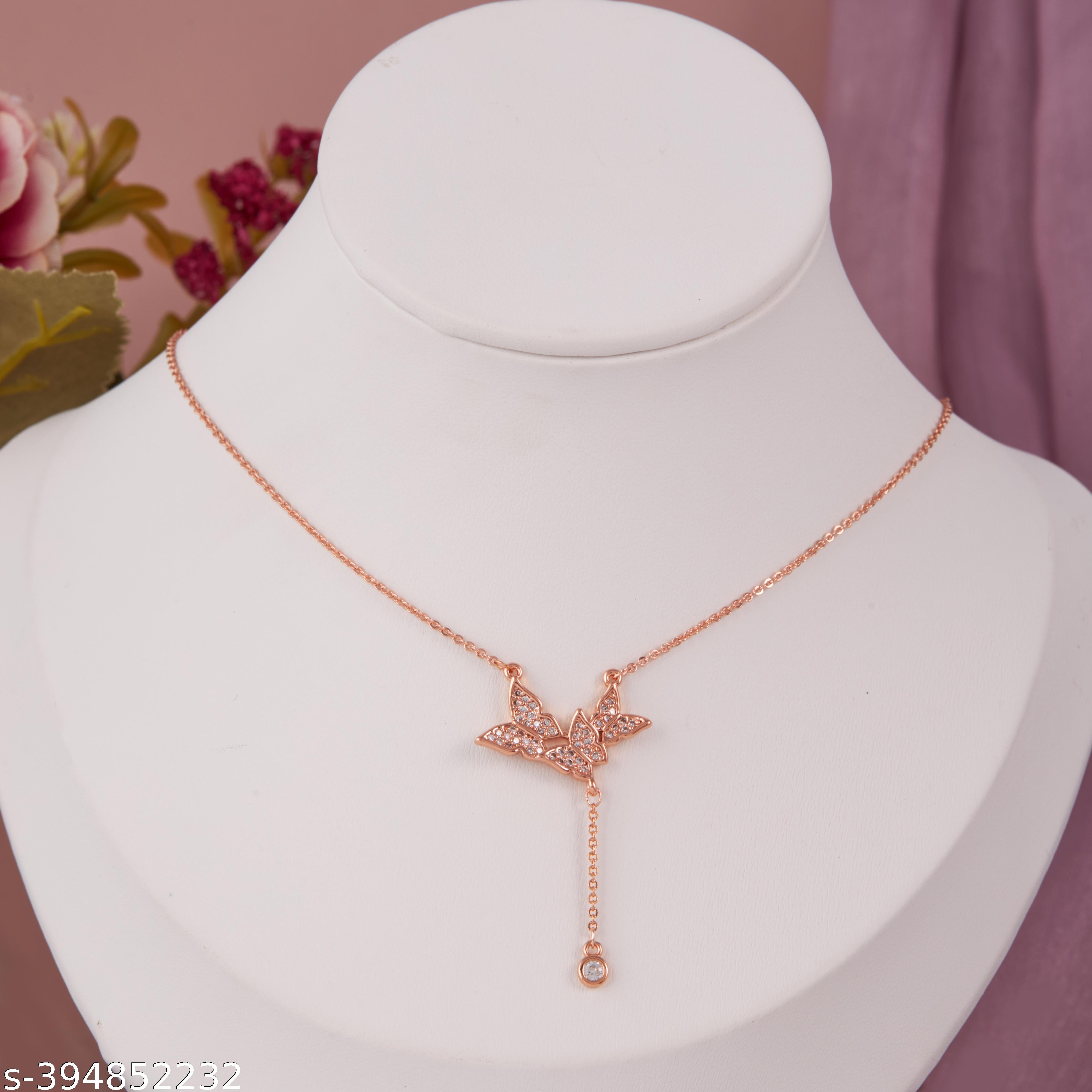 Elegant Rose Gold-Plated Butterfly Pendant Necklace with American Diamond Accents for Women and Girl - Unixkart - View 4