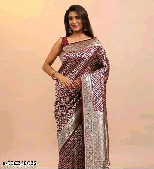 Women's Banarasi Silk Blend Woven Zari With Tussles Saree and Jacquard Woven Blouse Piece - Unixkart - View 4