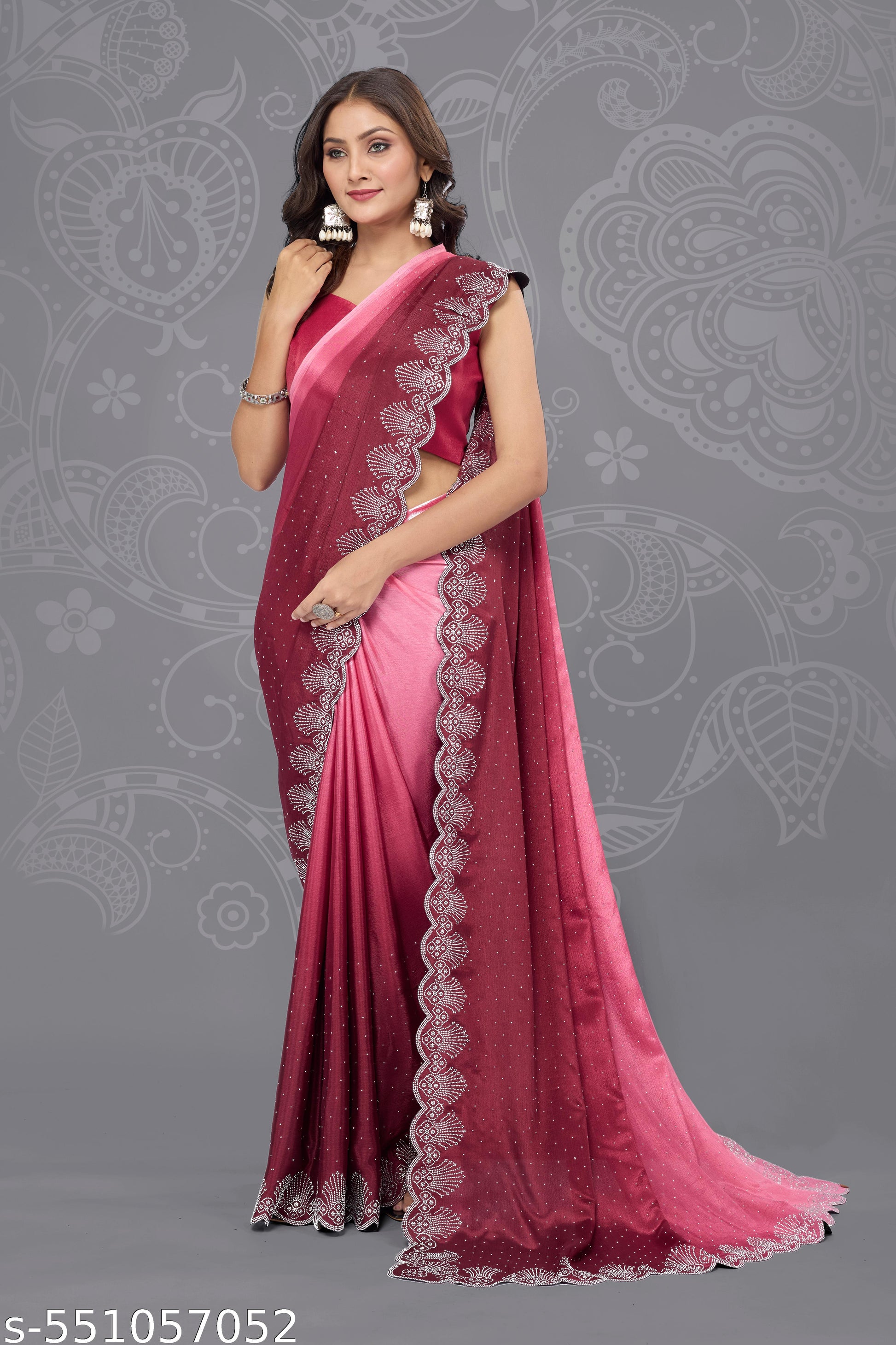 chiffon bollywood type hot-fix work women's stylish saree with simple blouse piece - Unixkart - View 4