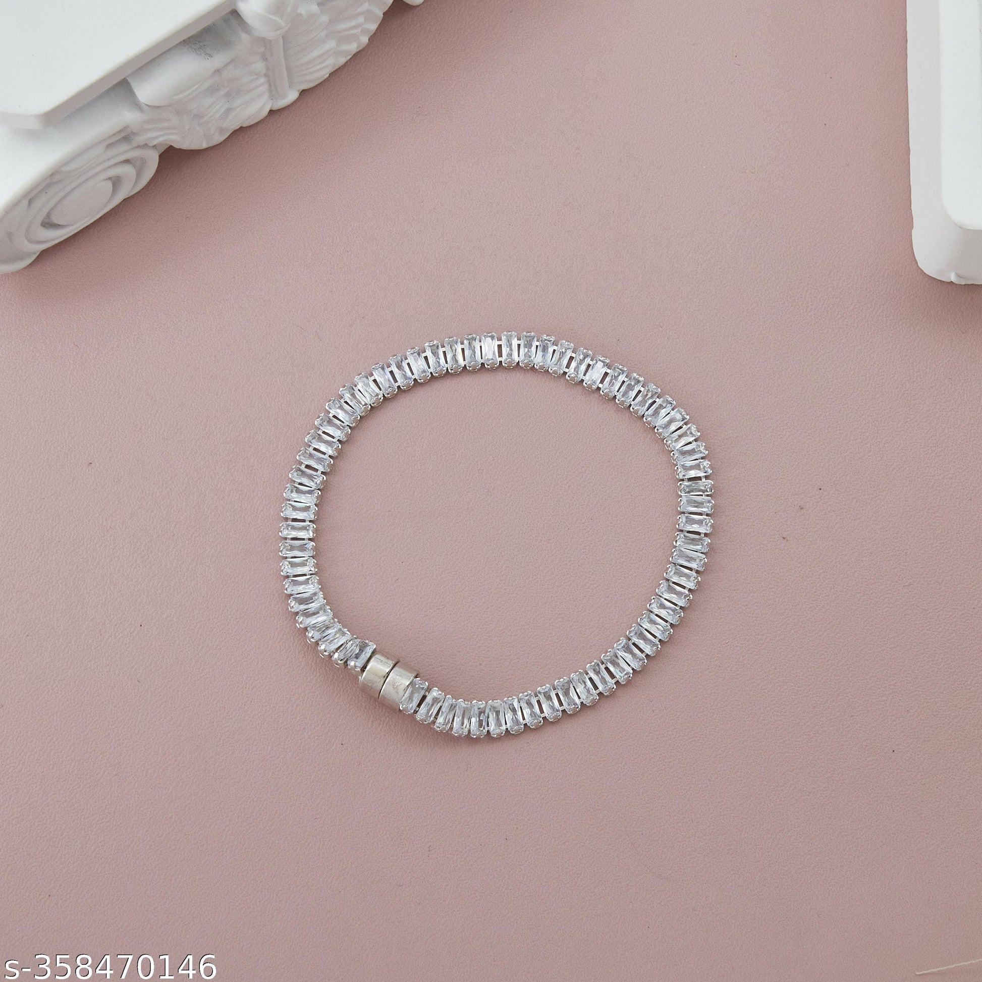 Silver-Plated Magnet Lock Loose Bracelet with American Diamond Baguette Stones for Women and Girls - Unixkart - View 4