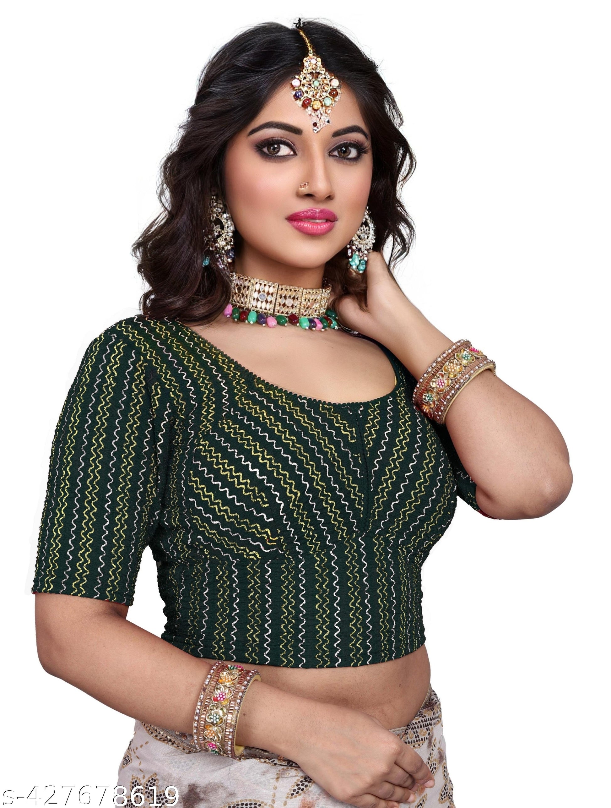 Stylish Stretchable Lycra Blouse Readymade Golden Blouse with Glitter Print Blouse - Unixkart - View 4