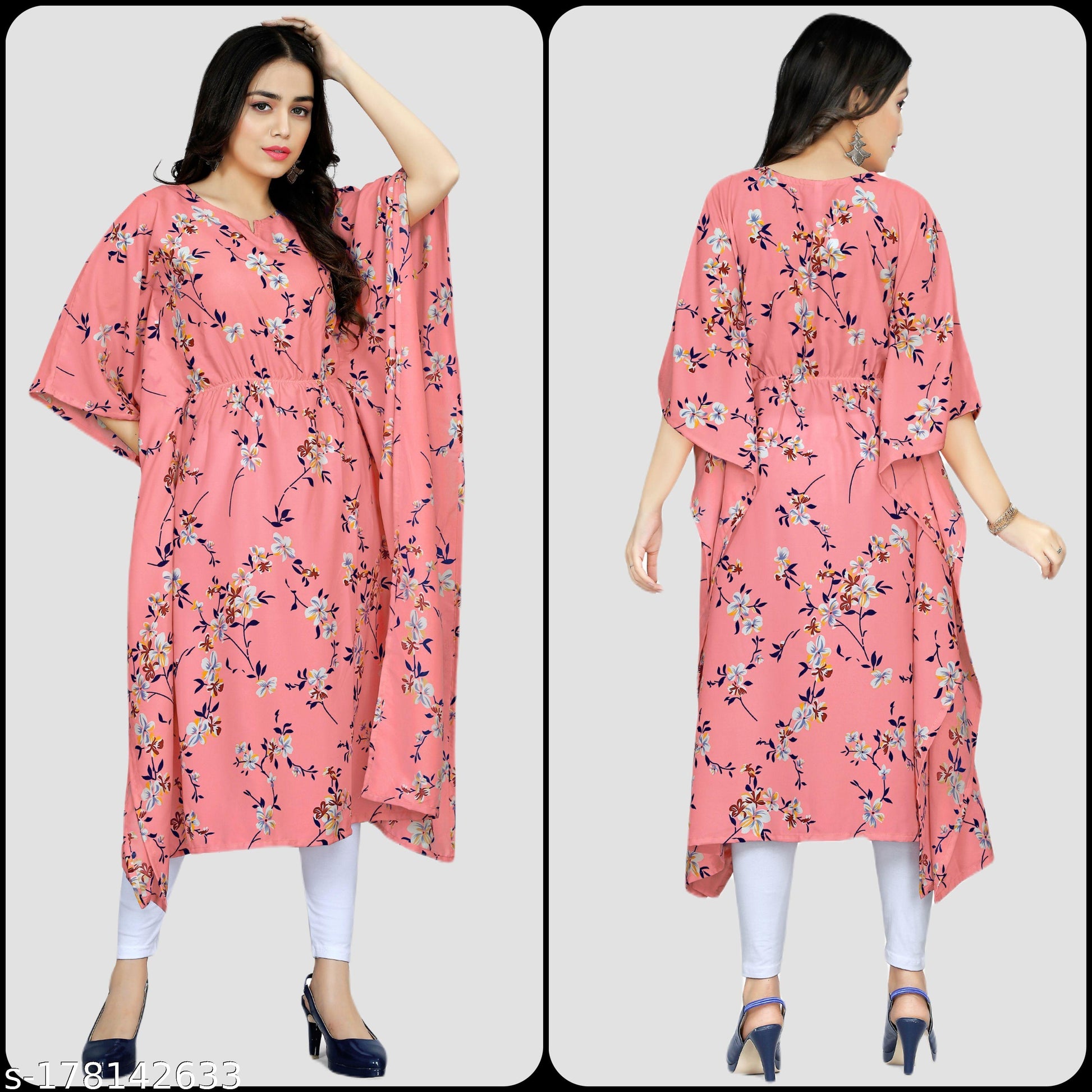 Women's Pink & White Floral Print Kaftan Dress - Unixkart - View 4