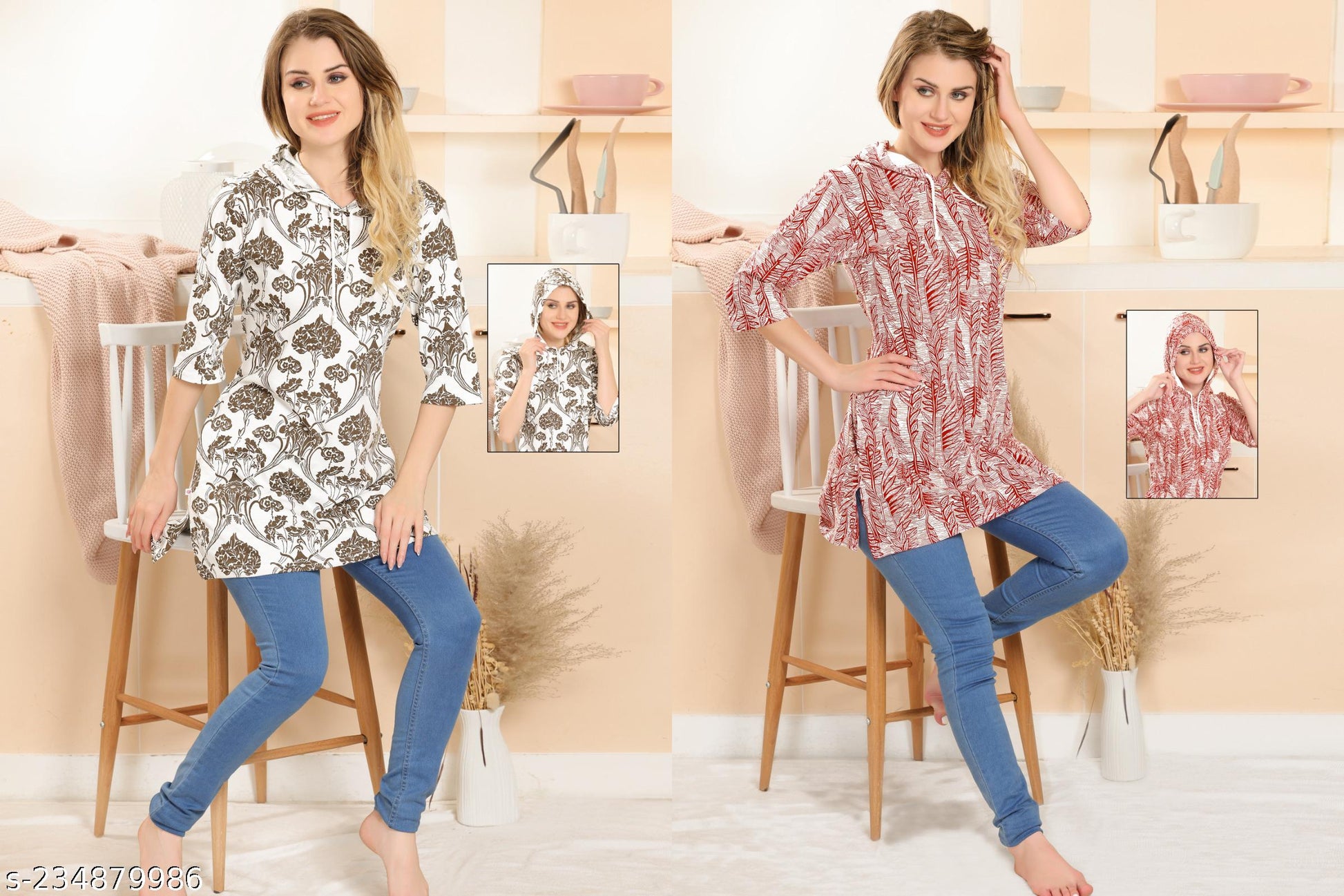 Ever Loved Cotton Printed Long Top With Hoodie (El - Lt107) - Combo Pack Of 2 - Maroon - White - View 4 - Juliate