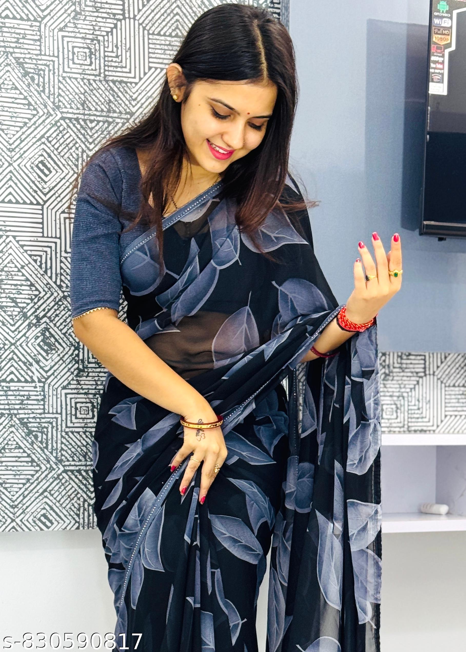 Georgette Printed Saree with Lace Border - Unixkart - View 4