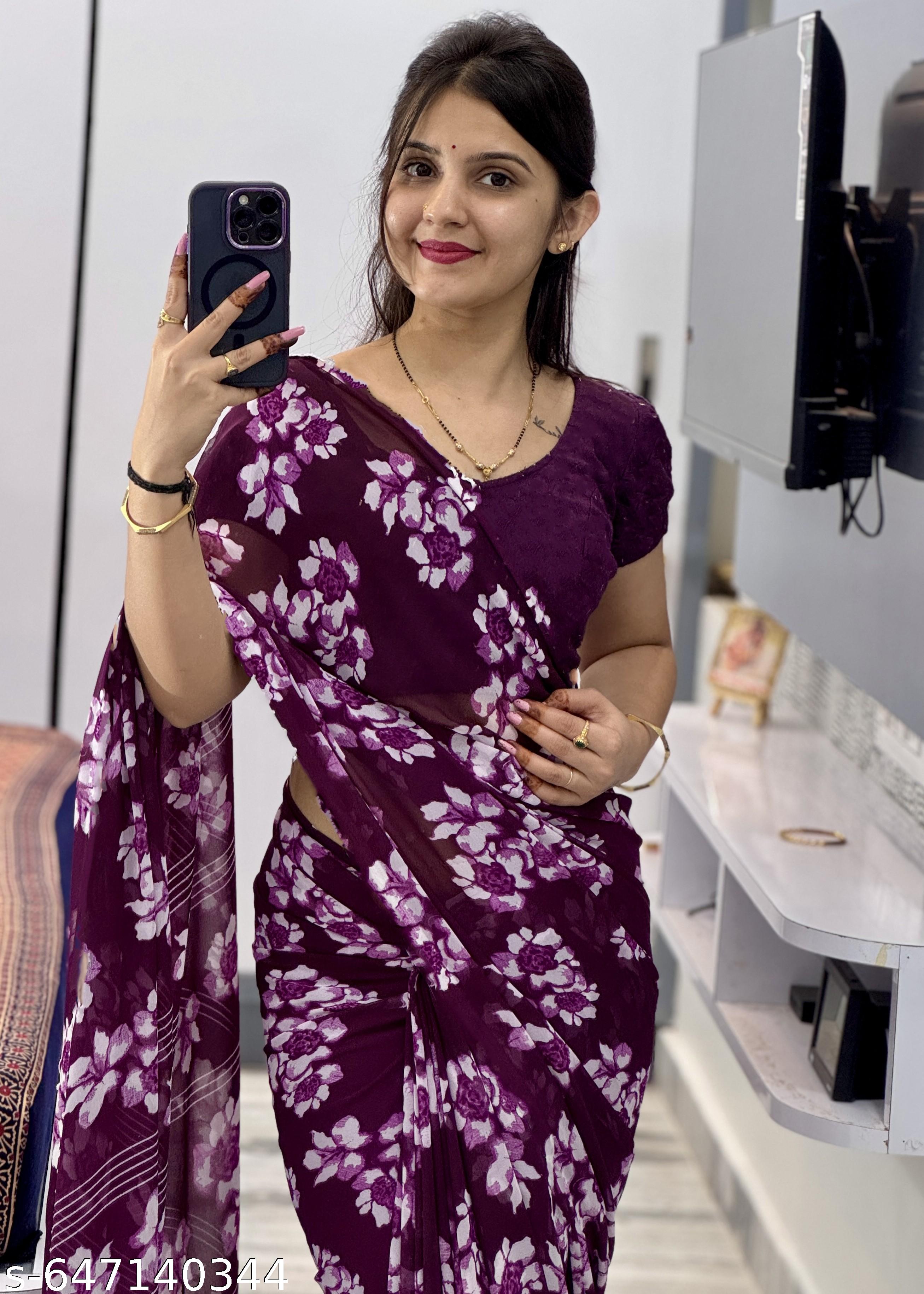 Purple Weightless Printed Georgette Saree - Unixkart - View 4