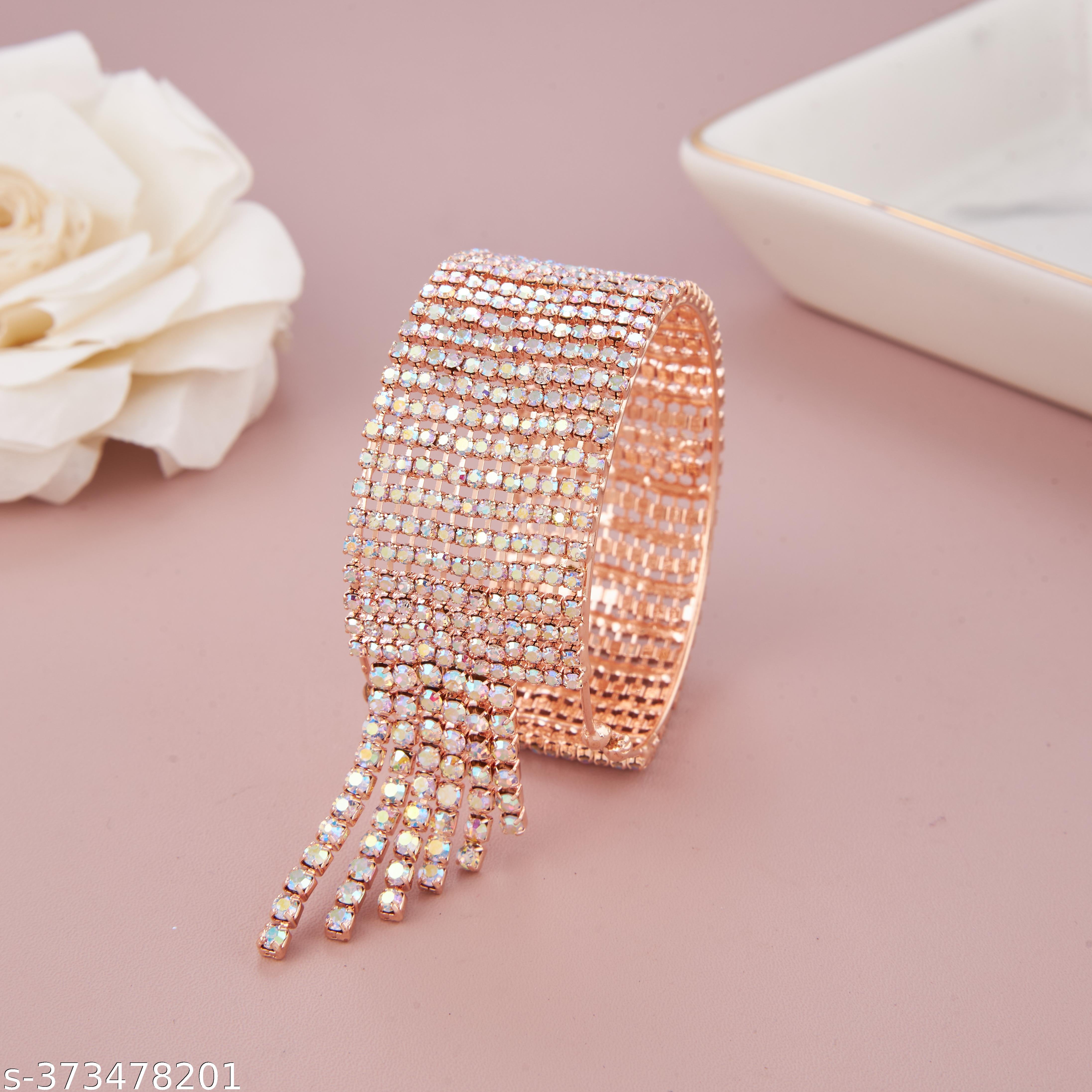 Premium Rose Gold-Plated Full Crystal Studded Tassel Design Bracelet for Women & Girls - Unixkart - View 4