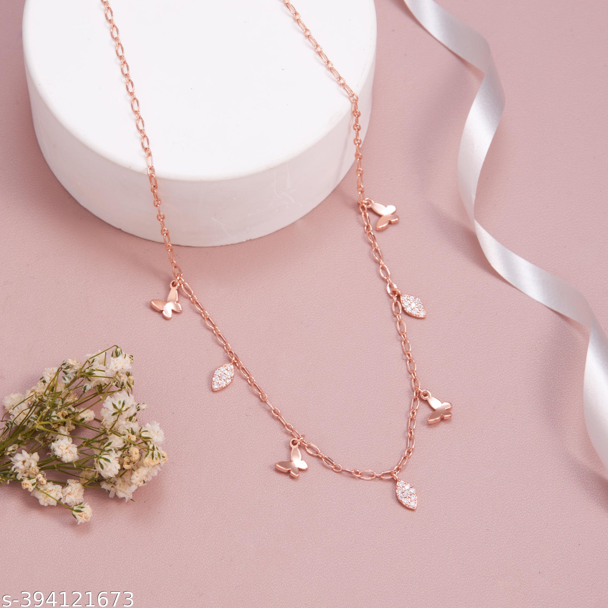 Elegant Rose Gold-Plated Butterfly and Leaf Charm Tanmaniya Chain for Women and Girls - Unixkart - View 4