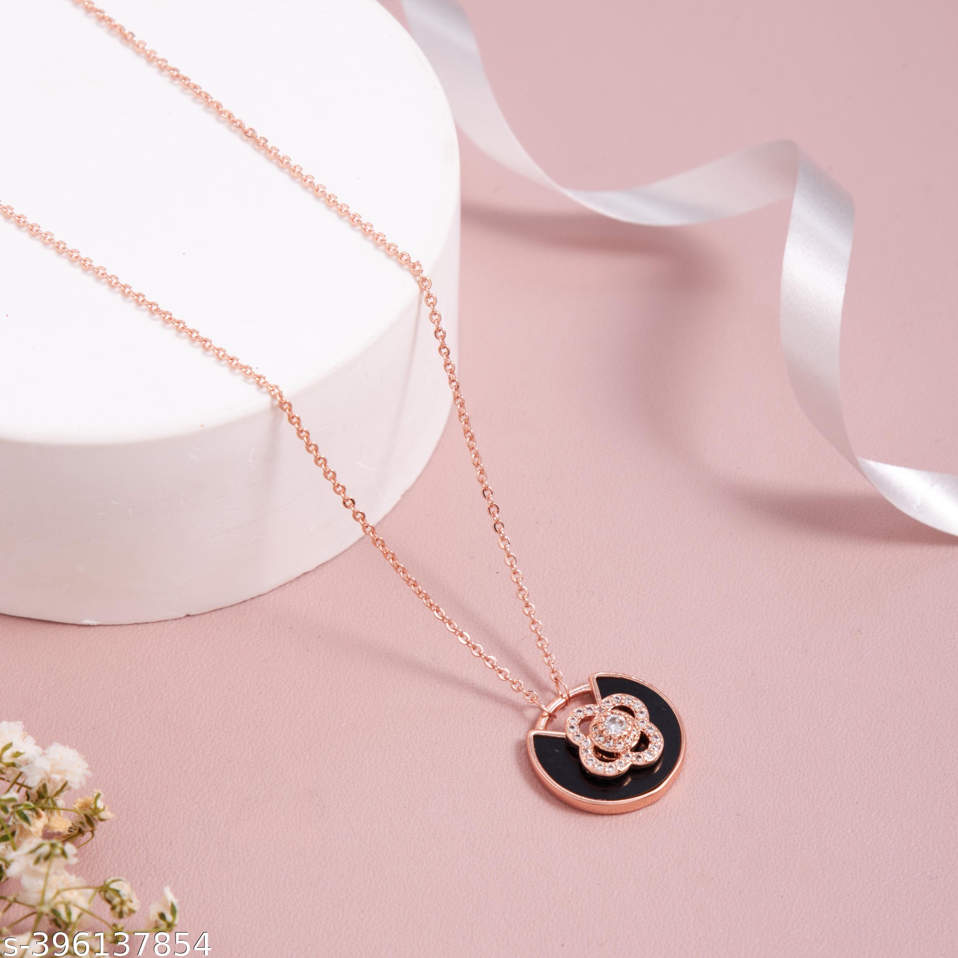 Elegant Rose Gold-Plated Black Enamel Floral Pendant Necklace for Women and Girls - Unixkart - View 4