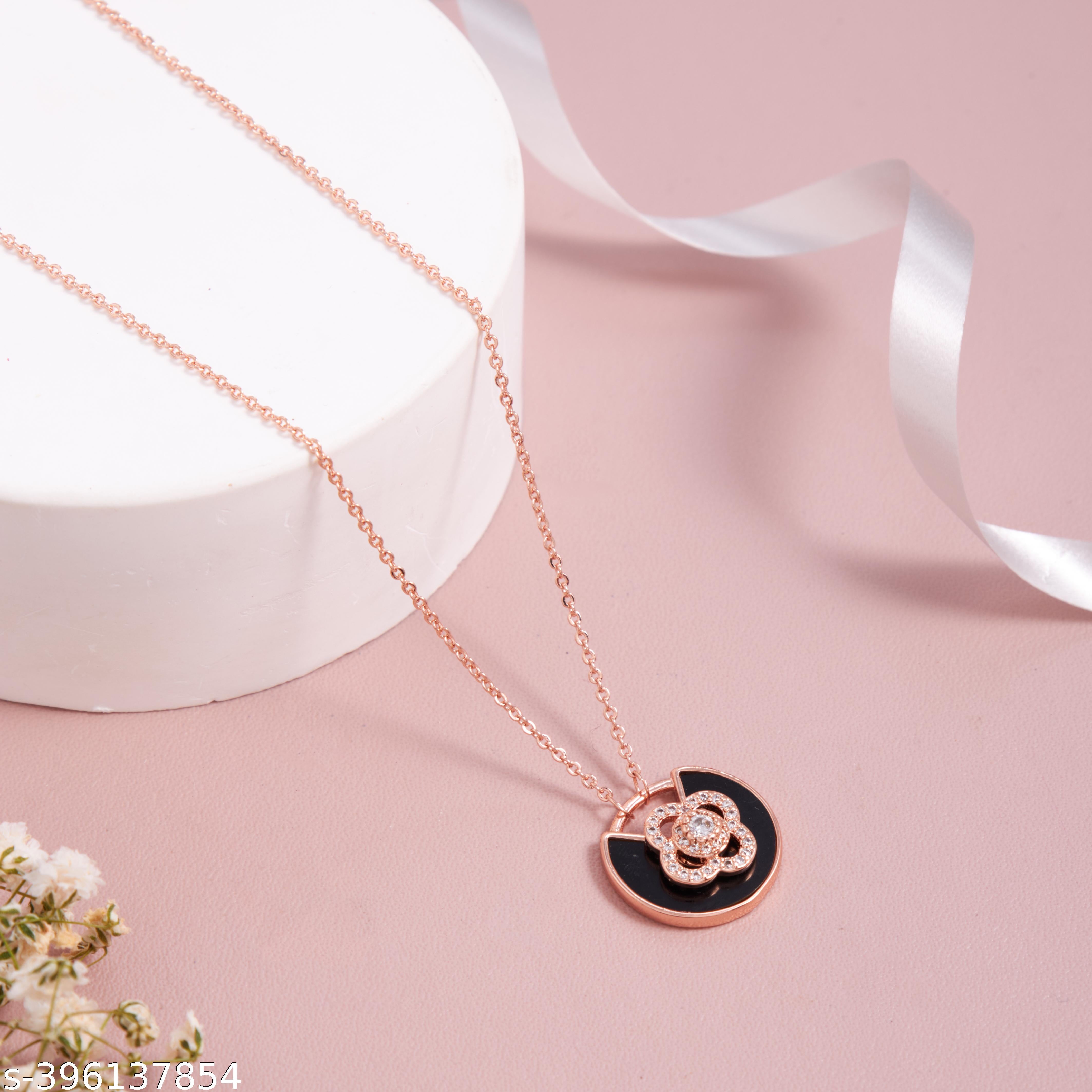 Elegant Rose Gold-Plated Black Enamel Floral Pendant Necklace for Women and Girls - Unixkart - View 4