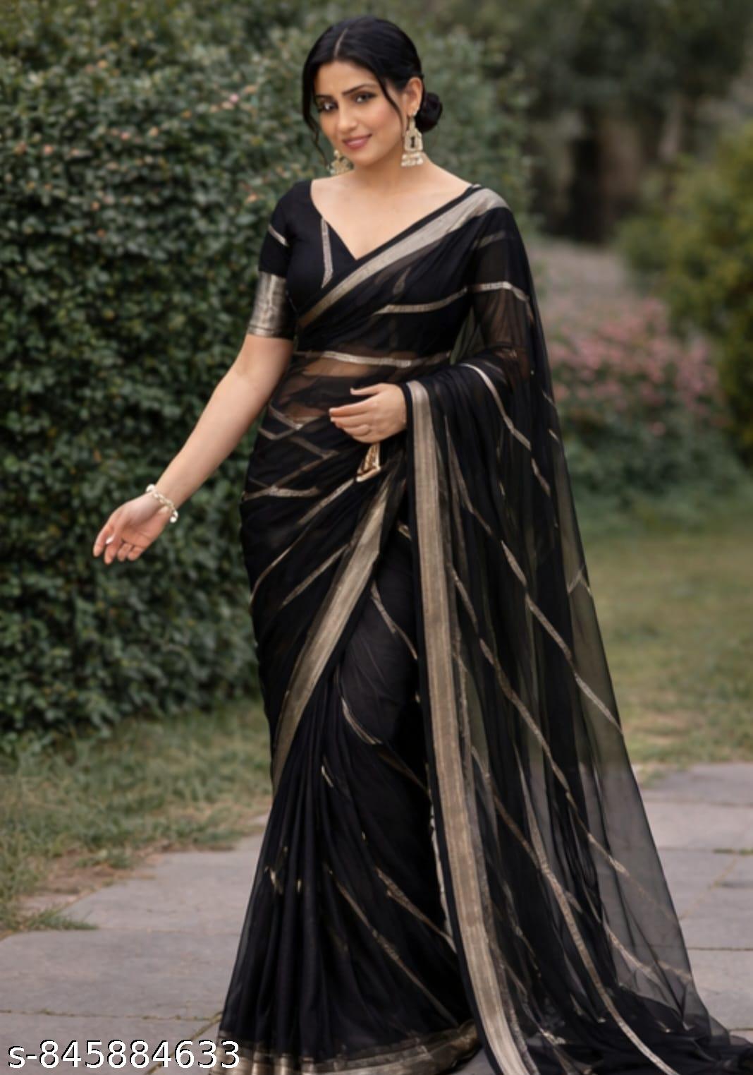 Black Georgette Saree with Golden Border - Unixkart - View 4