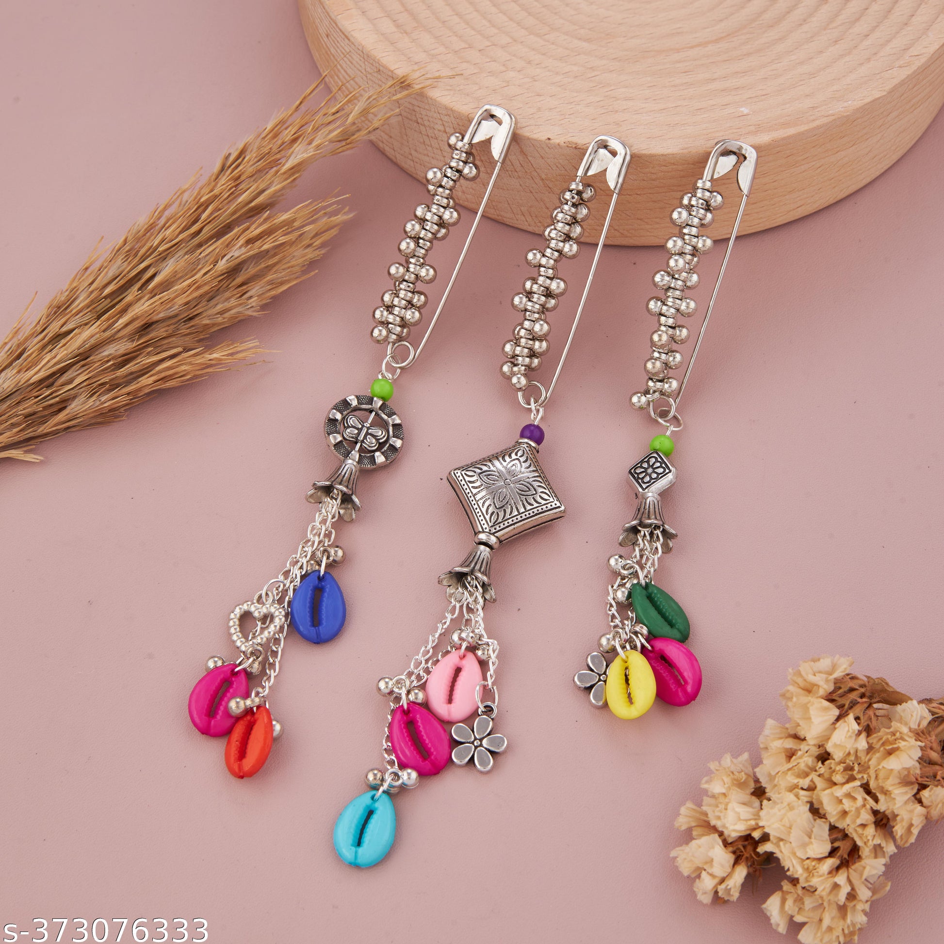 Premium Oxidized Silver-Plated Saree Pin Set of 3 with Multicolor Shell Charms & Floral Engraved Mot - Unixkart - View 4
