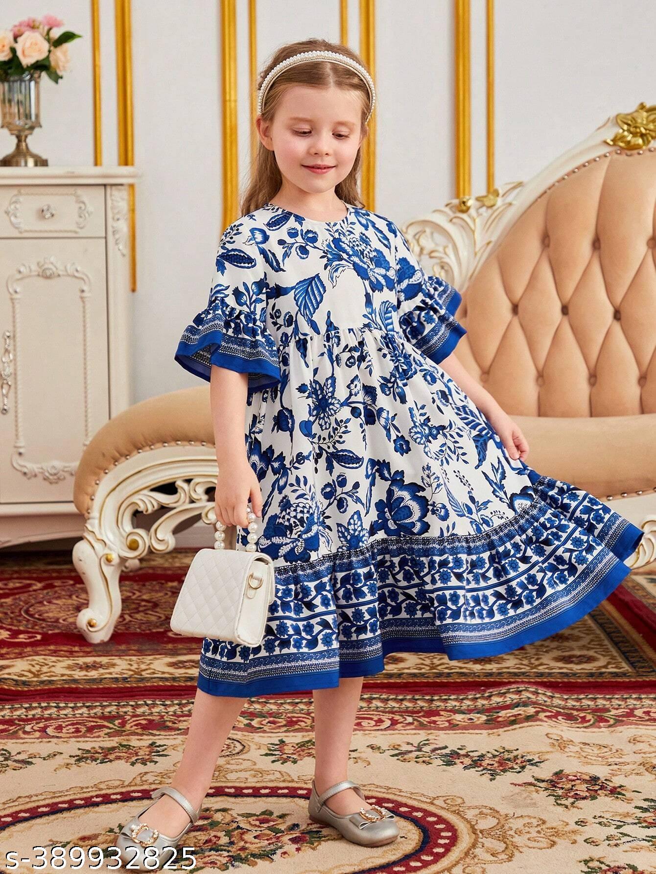 Girls Blue Floral Print Flange Sleeve Dress - Unixkart - View 4
