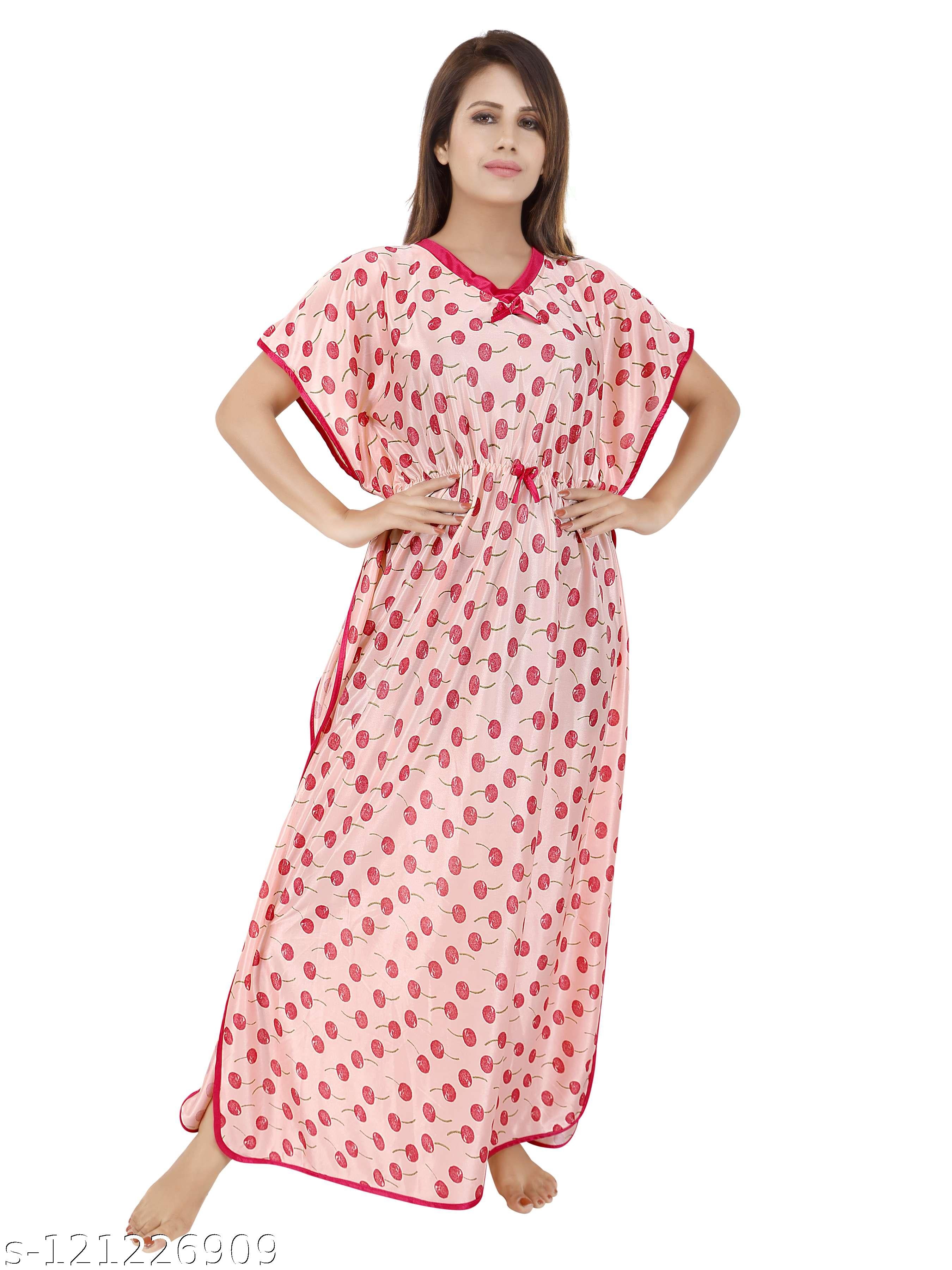 Color Magic Women'S Satin Kaftan Nighty / Maxi / Night Dress Cherry Print - View 4 - Juliate