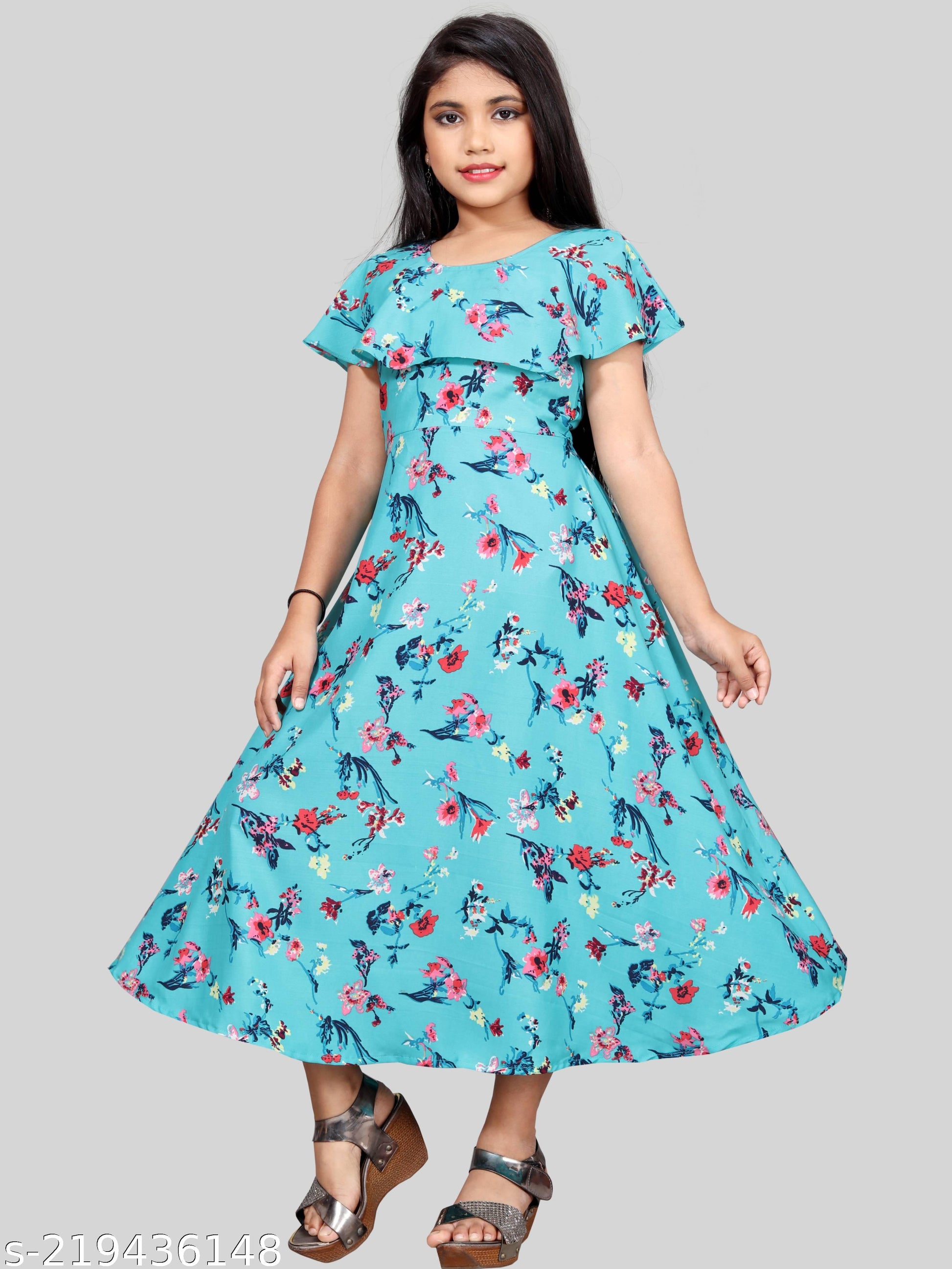 Girls Sea Green & Pink Floral Print Maxi Dress - Unixkart - View 4