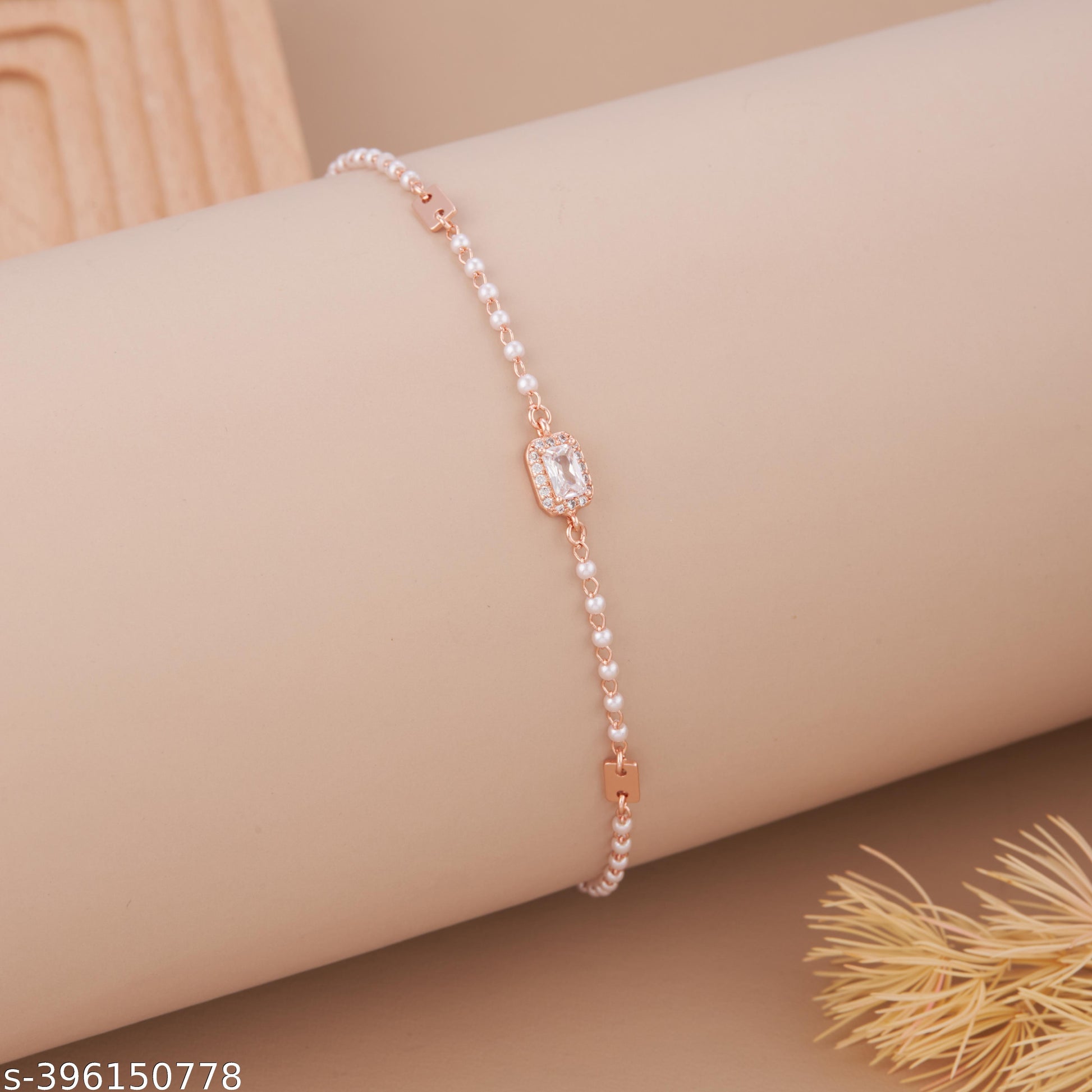 Elegant Rose Gold-Plated Pearl Chain Bracelet with American Diamond Centerpiece for Women and Girls - Unixkart - View 4