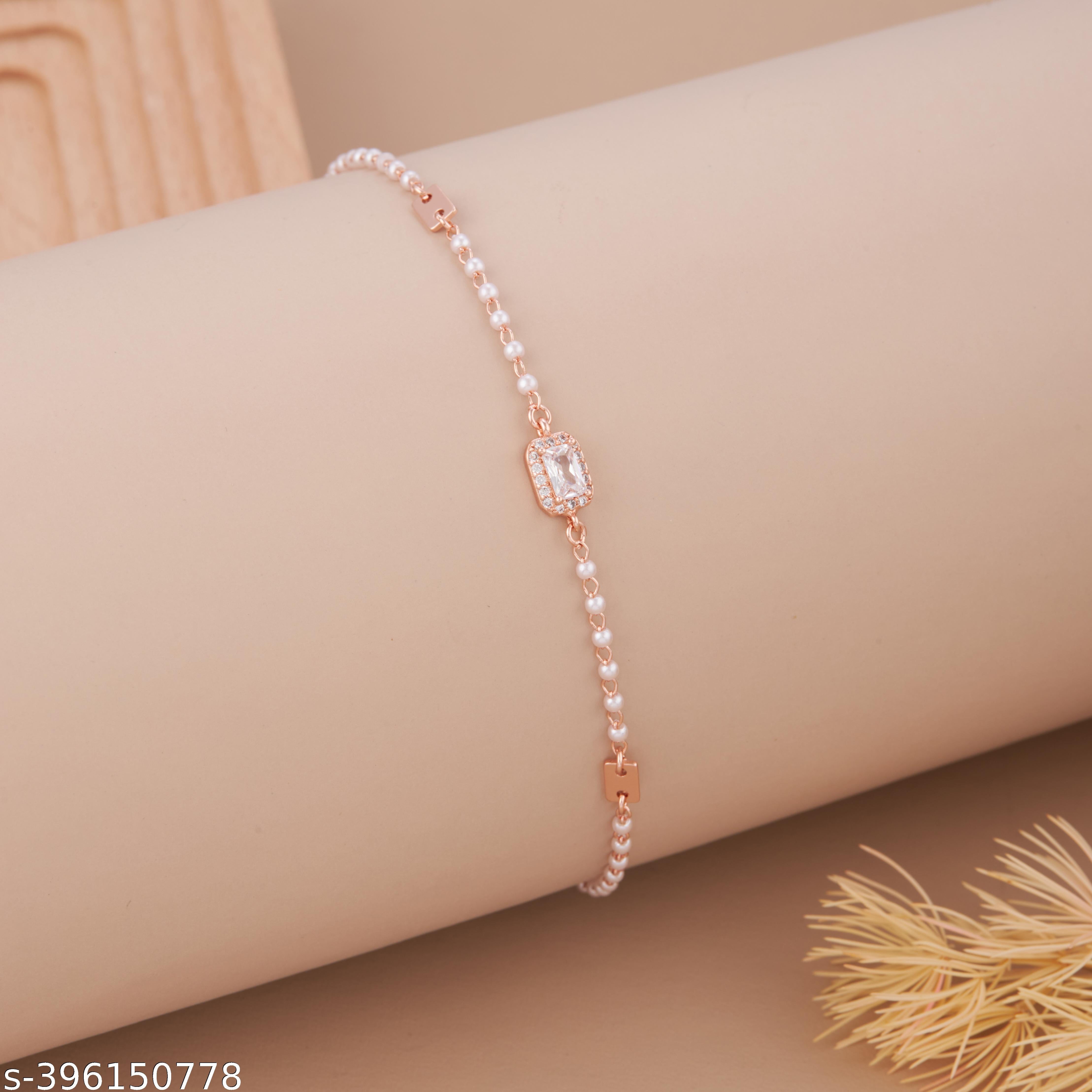 Elegant Rose Gold-Plated Pearl Chain Bracelet with American Diamond Centerpiece for Women and Girls - Unixkart - View 4
