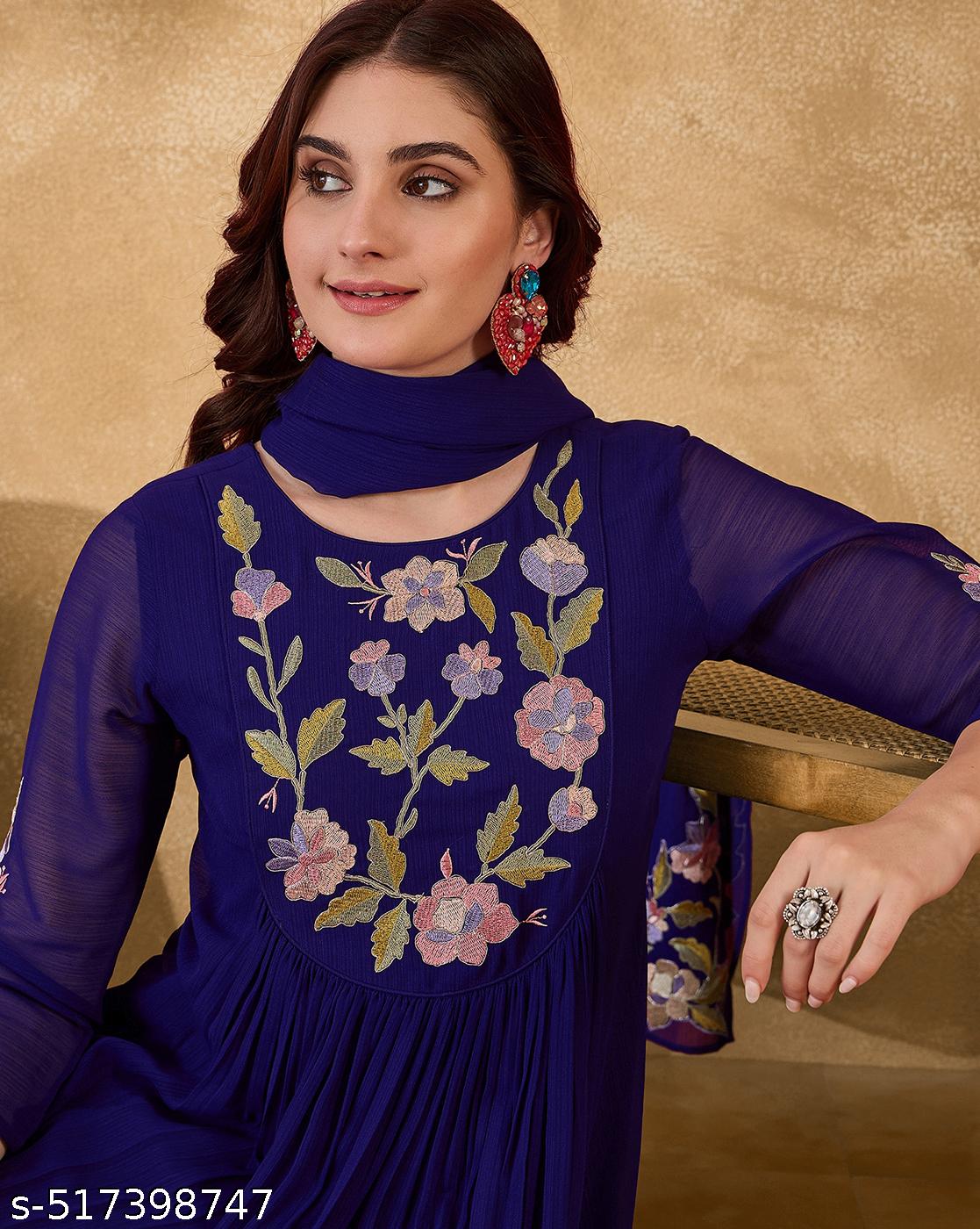 KVSFAB Royal Blue Thread Cording Embroidered Kurta With Pant and Patchwork Dupatta