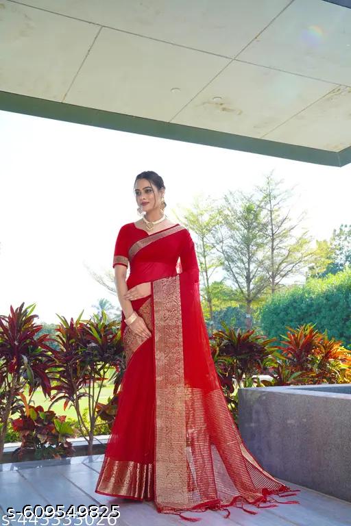 Elegant Red Organza Silk Saree with Zari Border - Unixkart - View 4