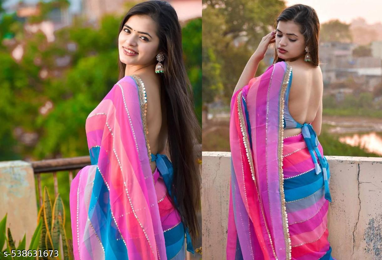 Strip Print Bollywood Georgettete Saree (Multicolor) - Unixkart - View 4