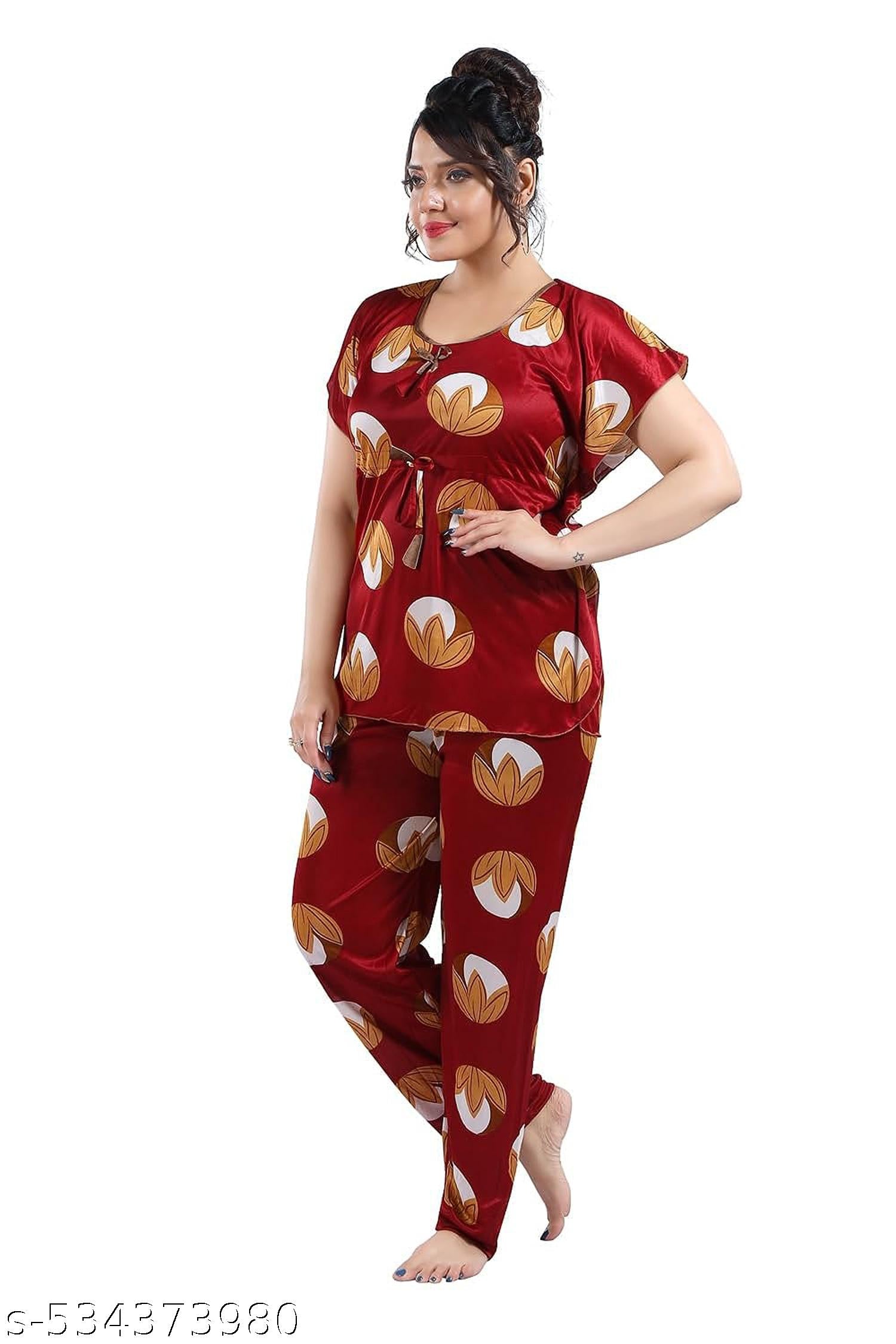 Color Magic Satin Kaftan Night Suit - Lotus Print Top Pyjama Set - Maroon - View 4 - Juliate