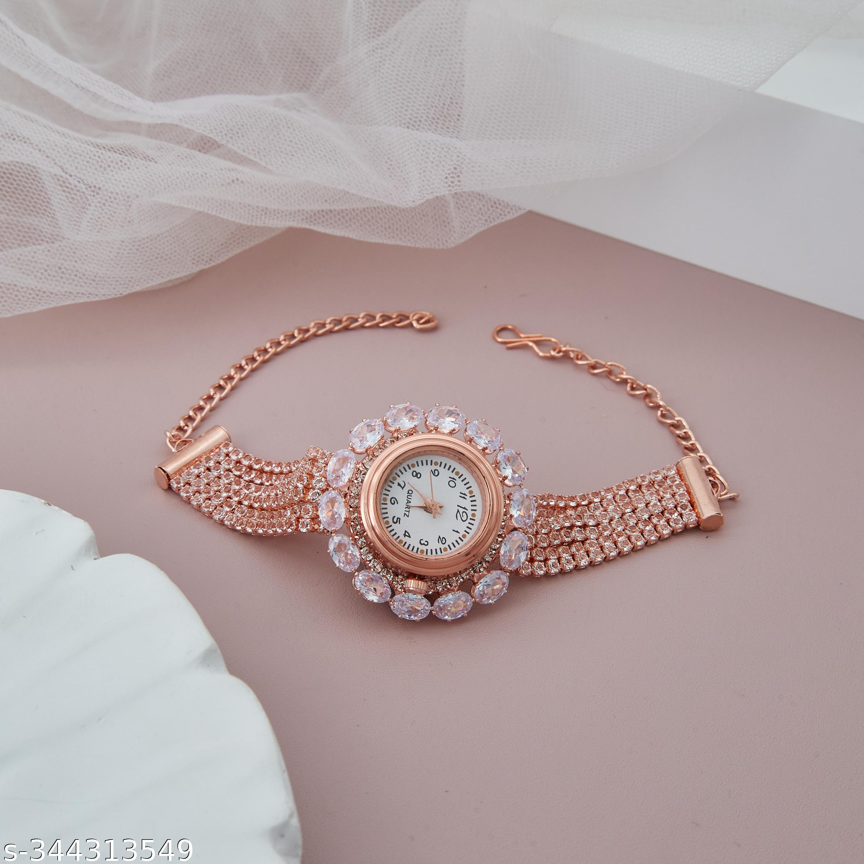 Premium Rose Gold Diamond-Studded Round Dial Bracelet Watch for Women and Girls - Unixkart - View 4
