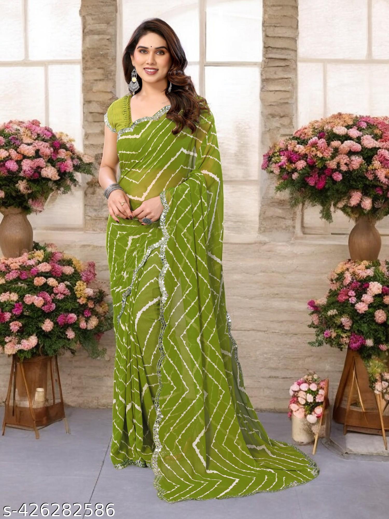 Women's Bollywood Leheriya Printed Green Georgettete Saree - Unixkart - View 4