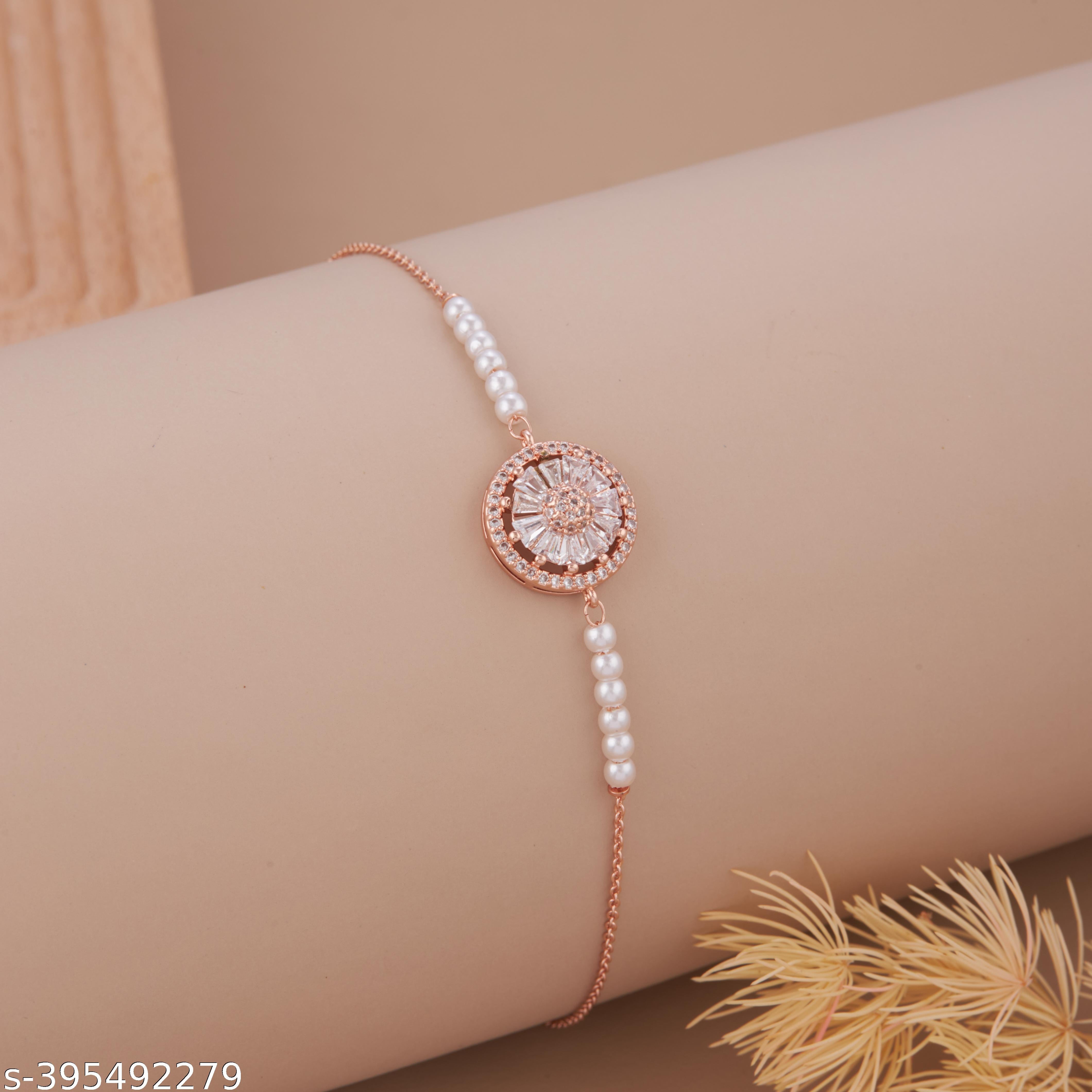 Elegant Rose Gold-Plated Bracelet with Pearl Beads and American Diamond Round Medallion for Women an - Unixkart - View 4