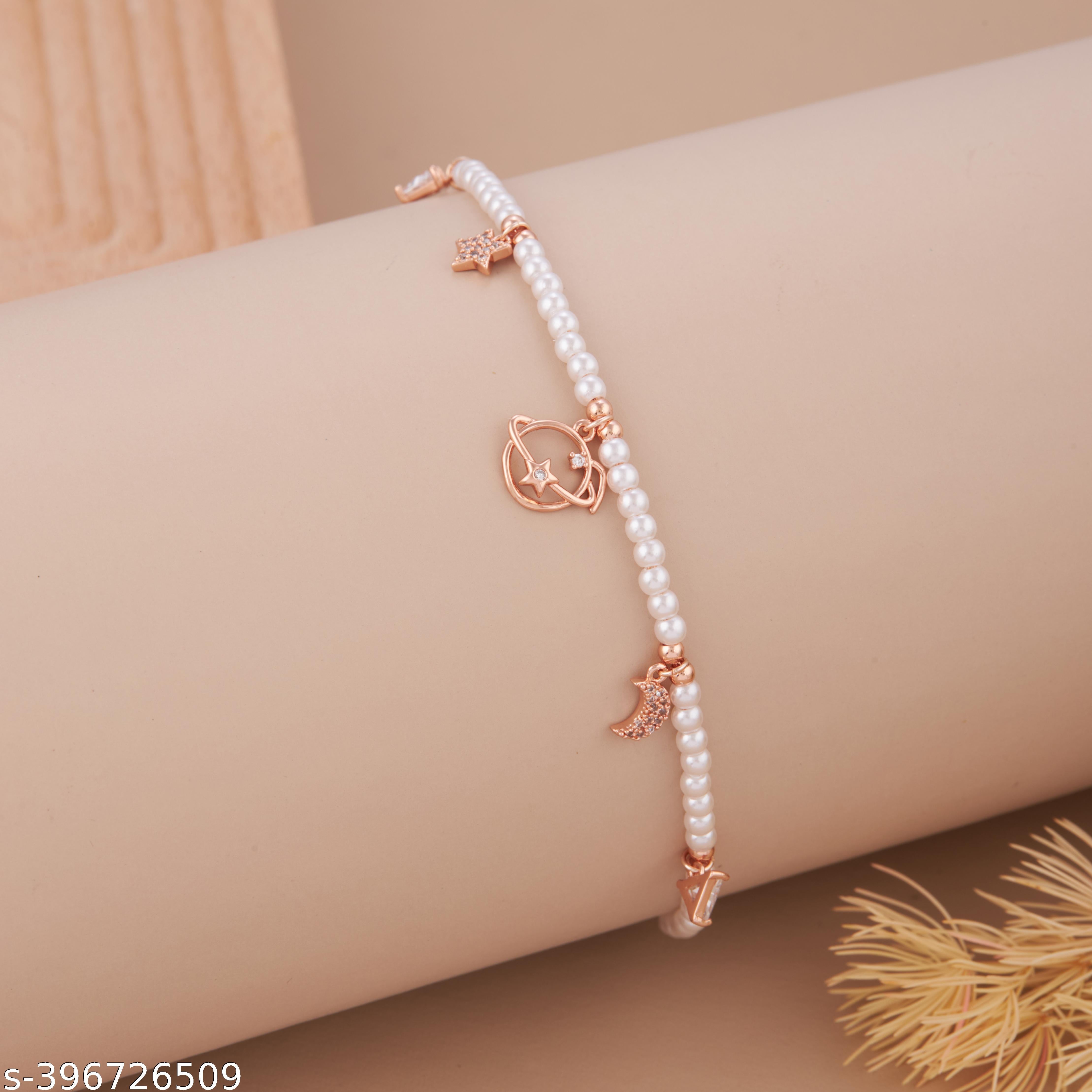 Elegant Rose Gold-Plated Pearl Bracelet with Celestial Charms for Women and Girls - Unixkart - View 4