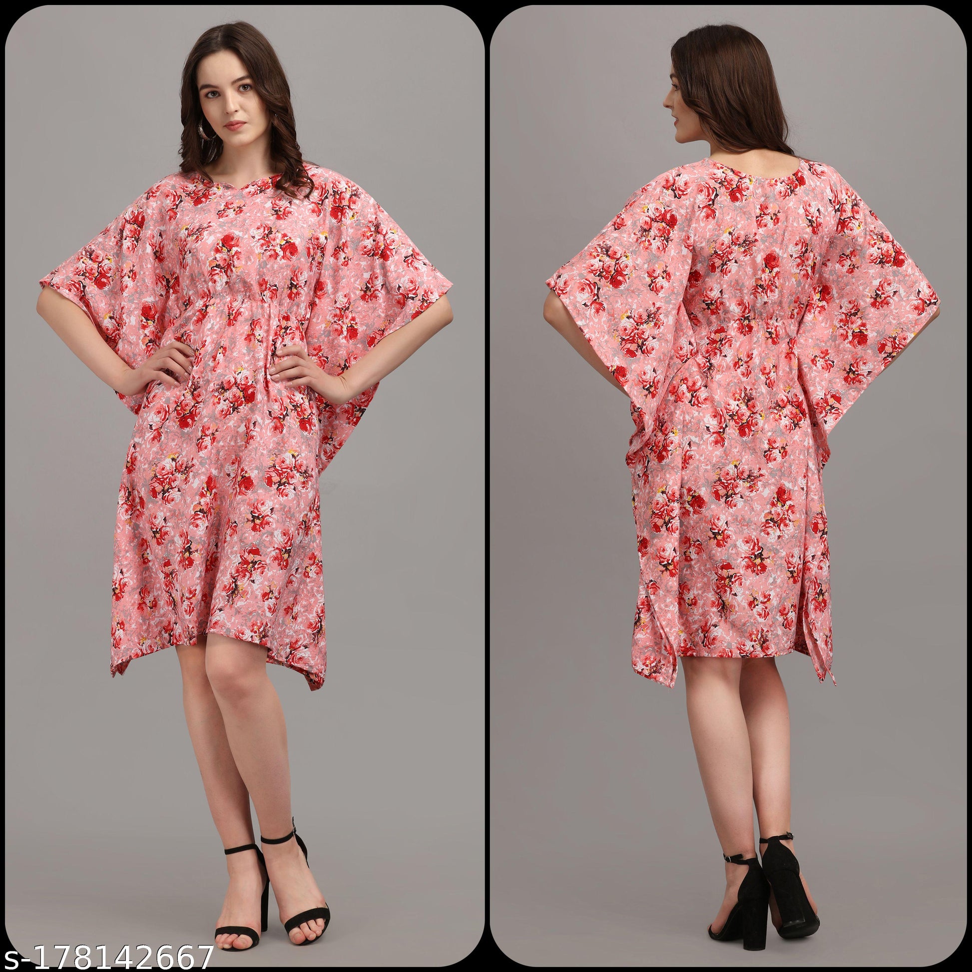 Women's Pink & Red Floral Print Kaftan Dress - Unixkart - View 4