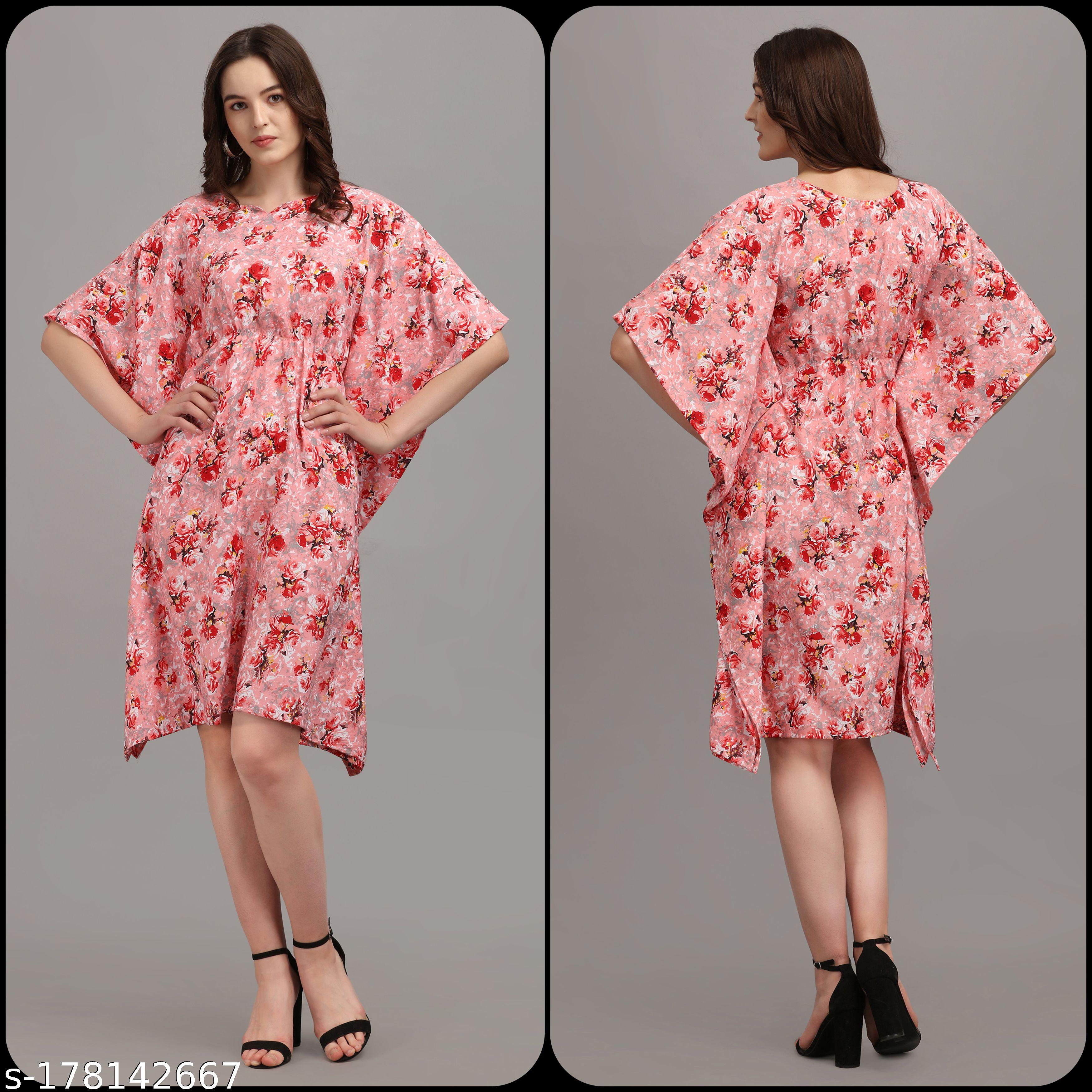 Women's Pink & Red Floral Print Kaftan Dress - Unixkart - View 4