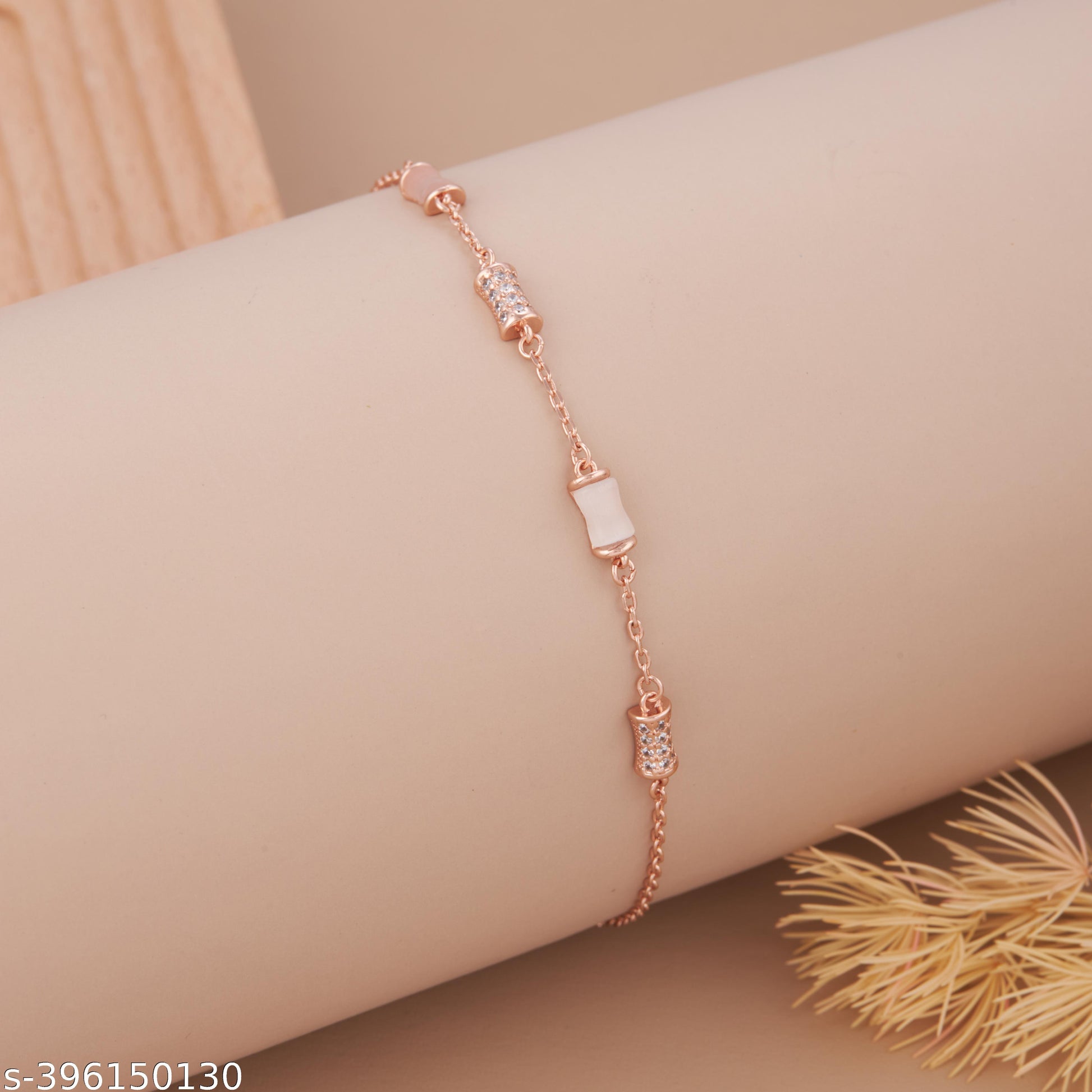 Elegant Rose Gold-Plated Cylinder Bead Bracelet with American Diamond Accents for Women and Girls - Unixkart - View 4