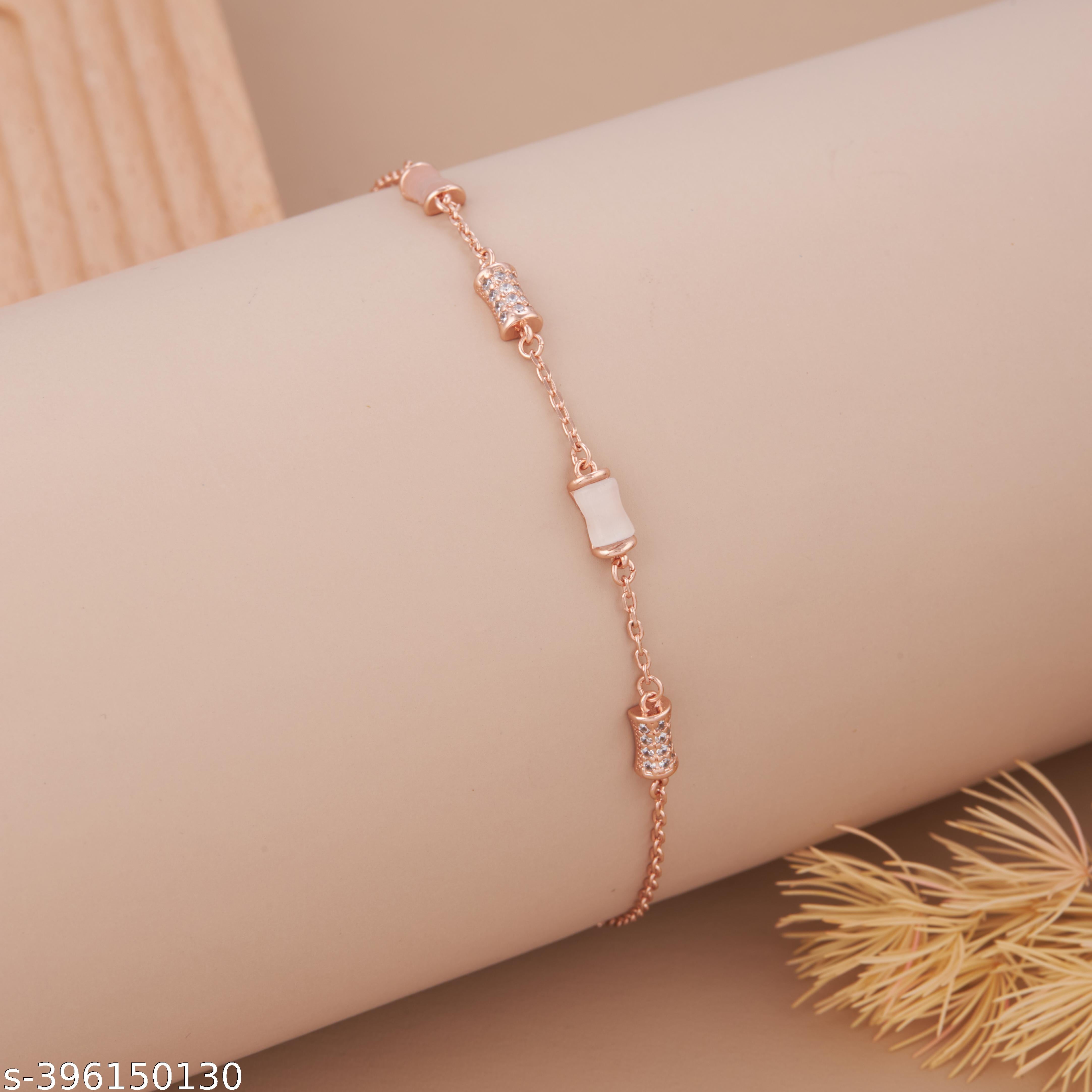 Elegant Rose Gold-Plated Cylinder Bead Bracelet with American Diamond Accents for Women and Girls - Unixkart - View 4