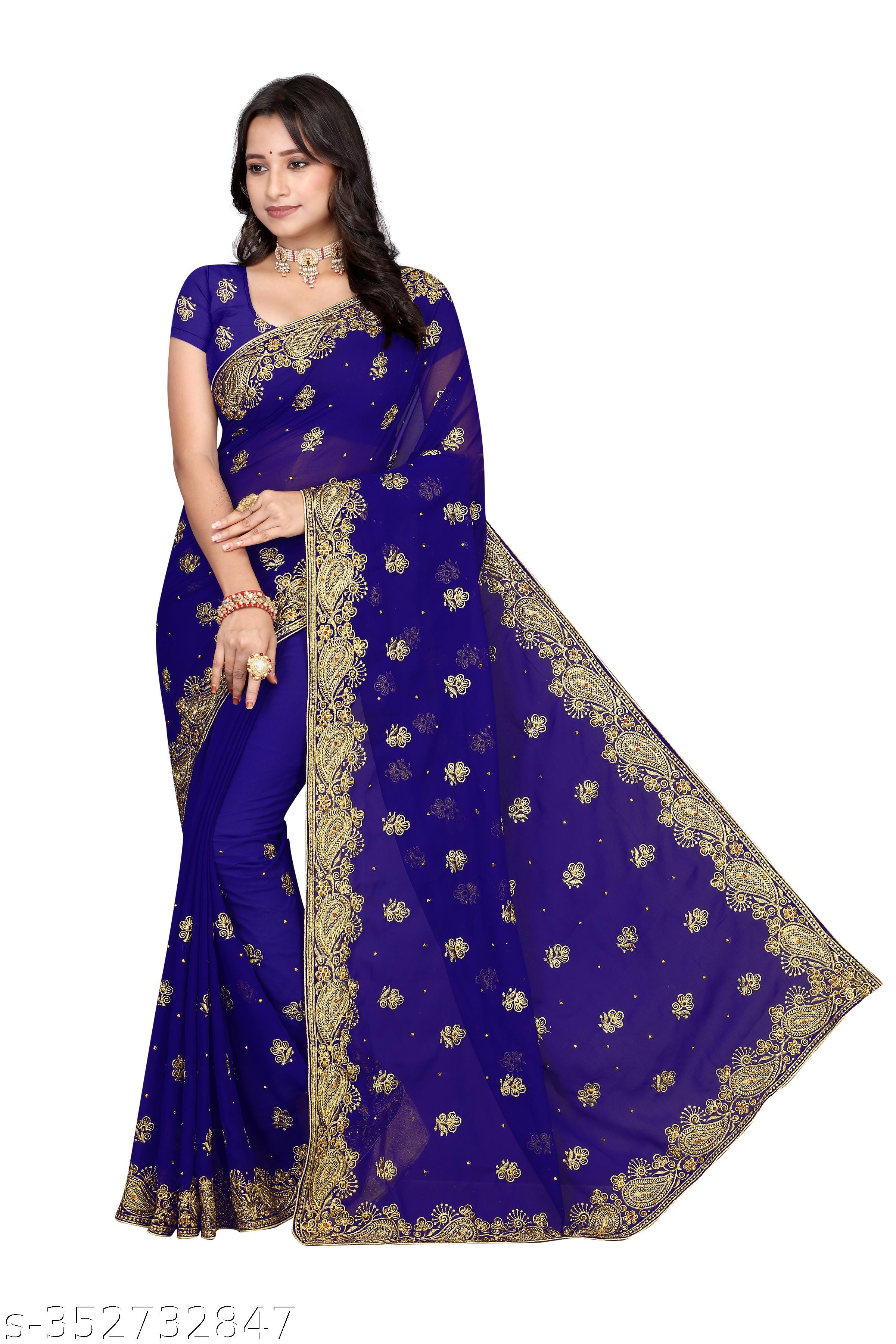 Heavy Embroidery Work With Full Stone Handwork Beautiful Saree - Unixkart