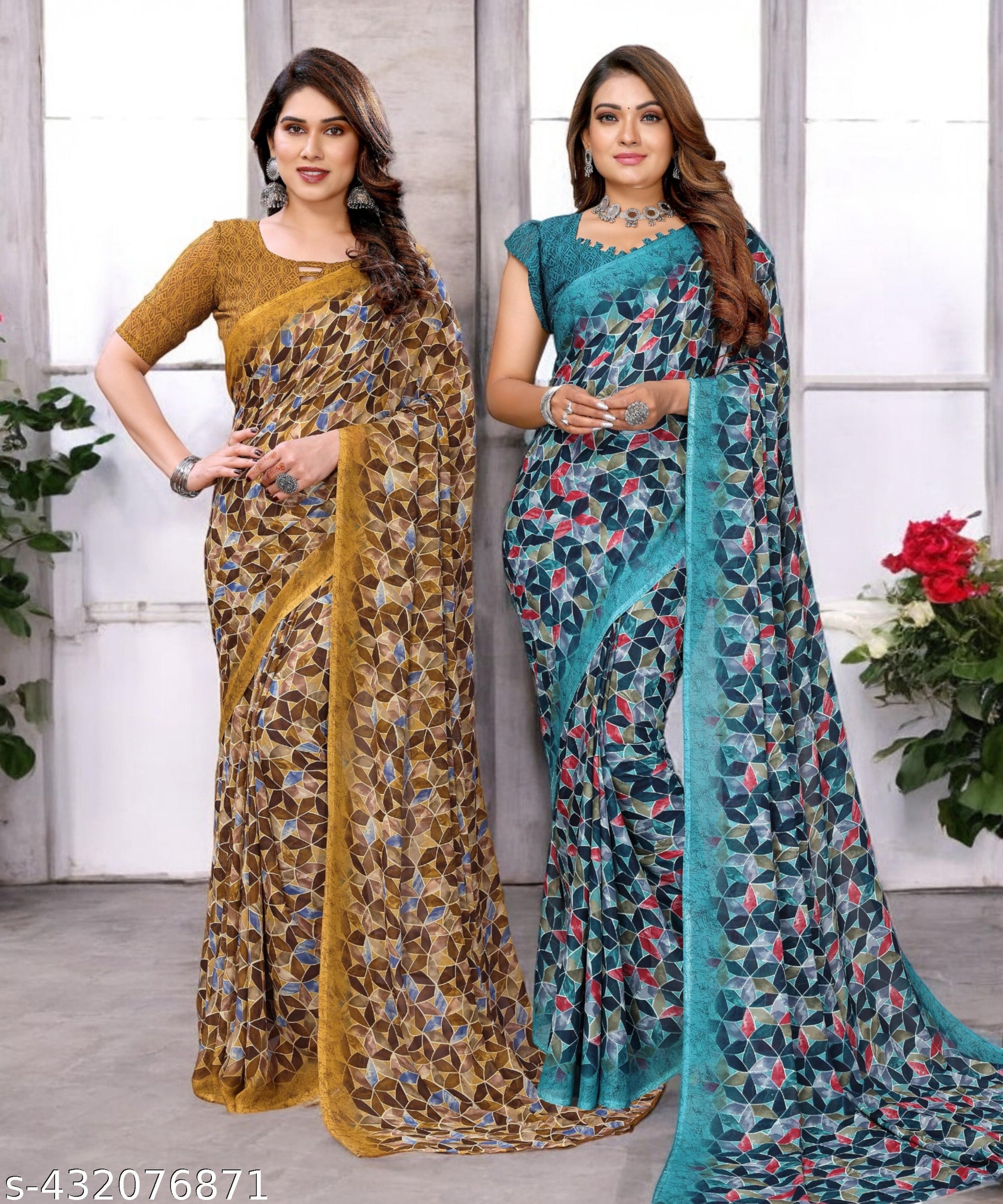 Combo Saree, Daily Wear Georgettete Sarees with Blouse Piece (Pack of 2) - Unixkart - View 4