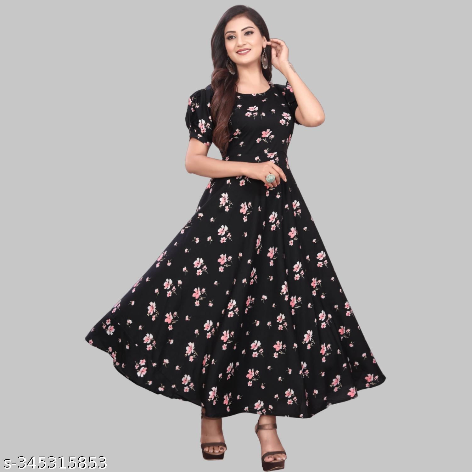 Women's Black & Pink Puffed Sleeve Maxi Dress - Unixkart - View 4
