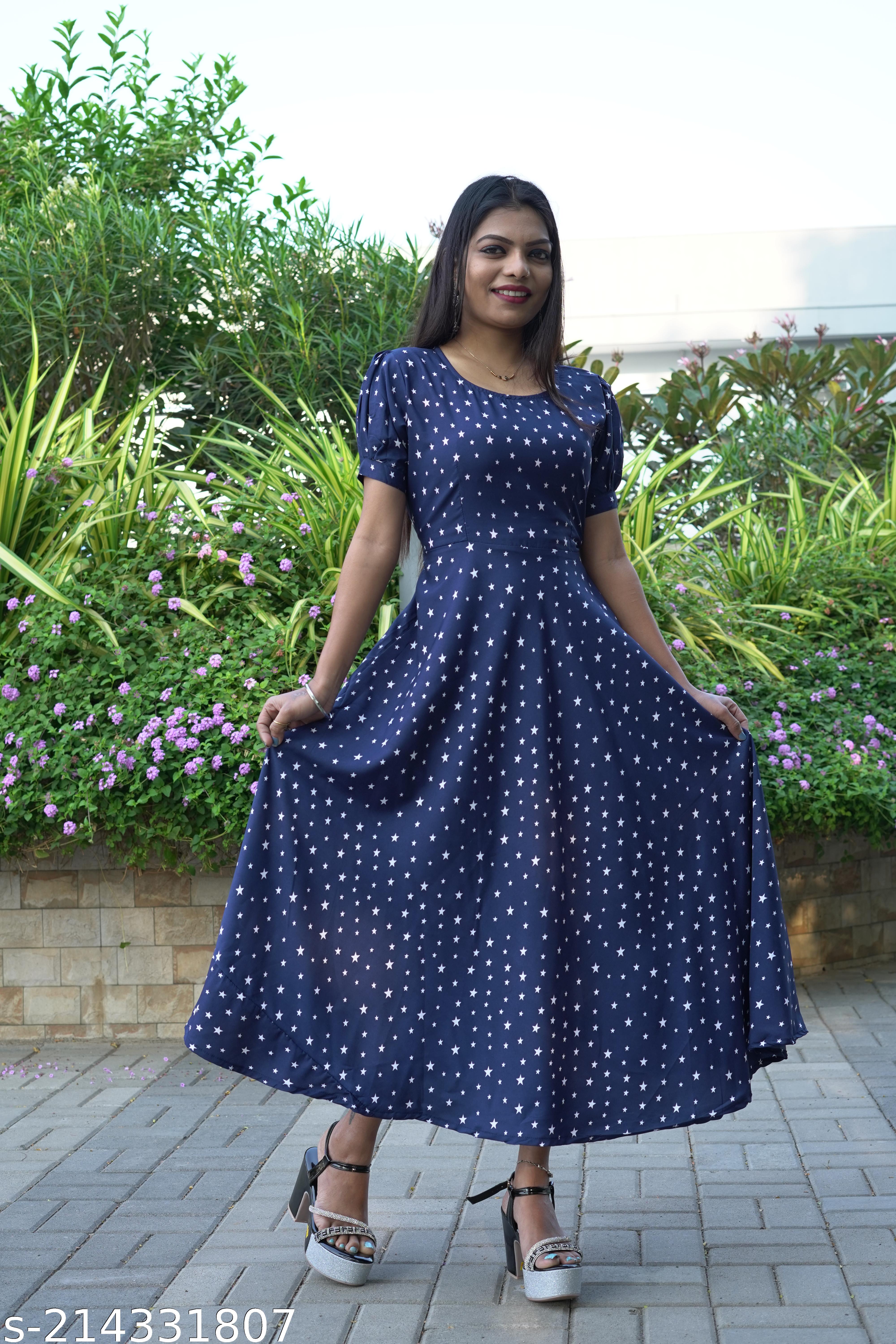 Women's Maxi A-Line Printed Blue Gown - Unixkart - View 4